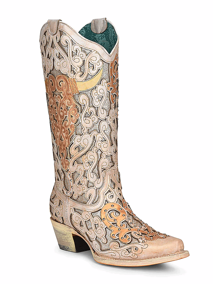 Corral A4408 Women's Cowboy Boots with Bull Skull Embroidery & Glitter Inlay - Tan Western Boots for Country Dancing, Rodeo & Fashion Outfits