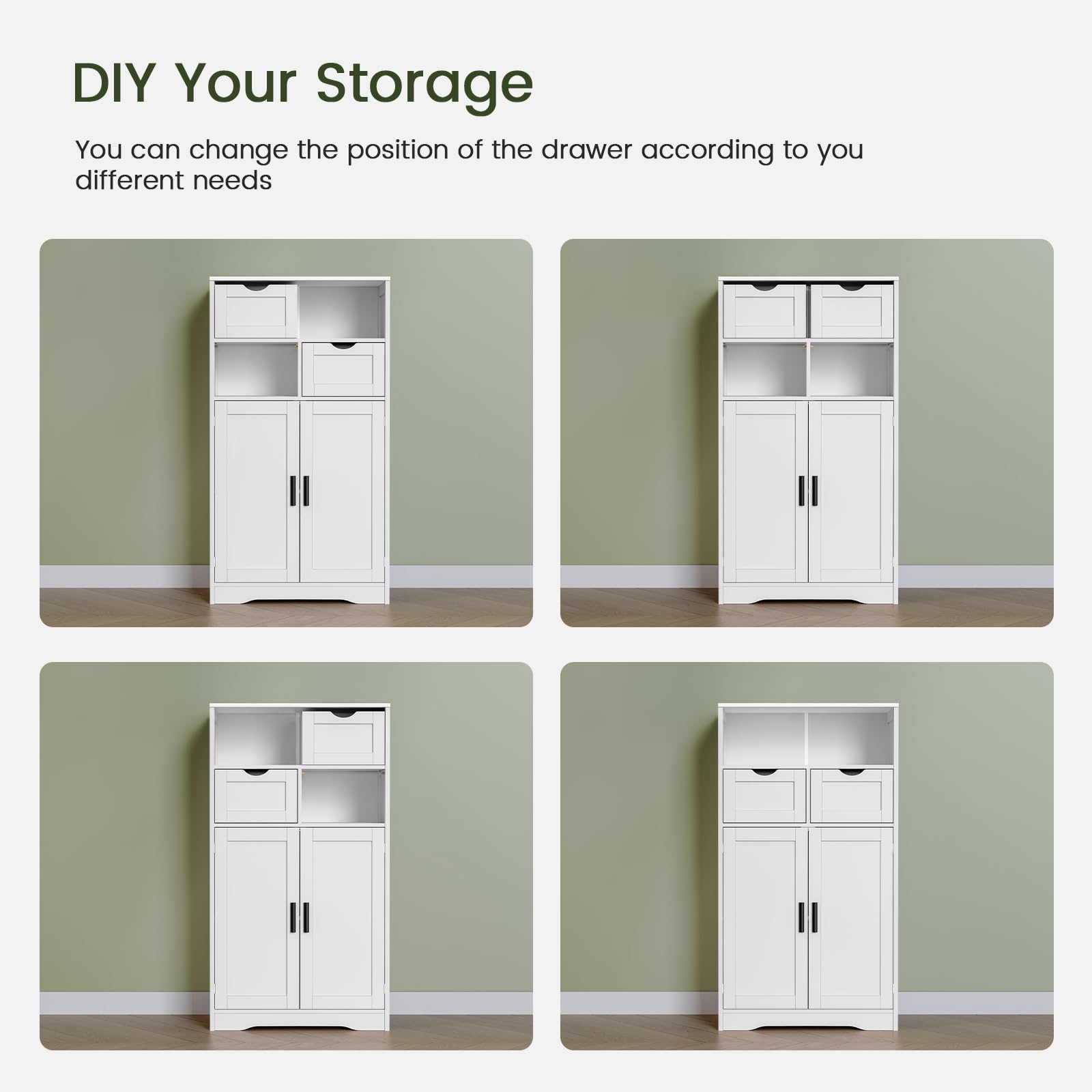 Iwell White Freestanding Bathroom Storage Cabinet with Doors & Drawers - Adjustable Shelves for Bathroom, Living Room, Kitchen & Home Office Organization