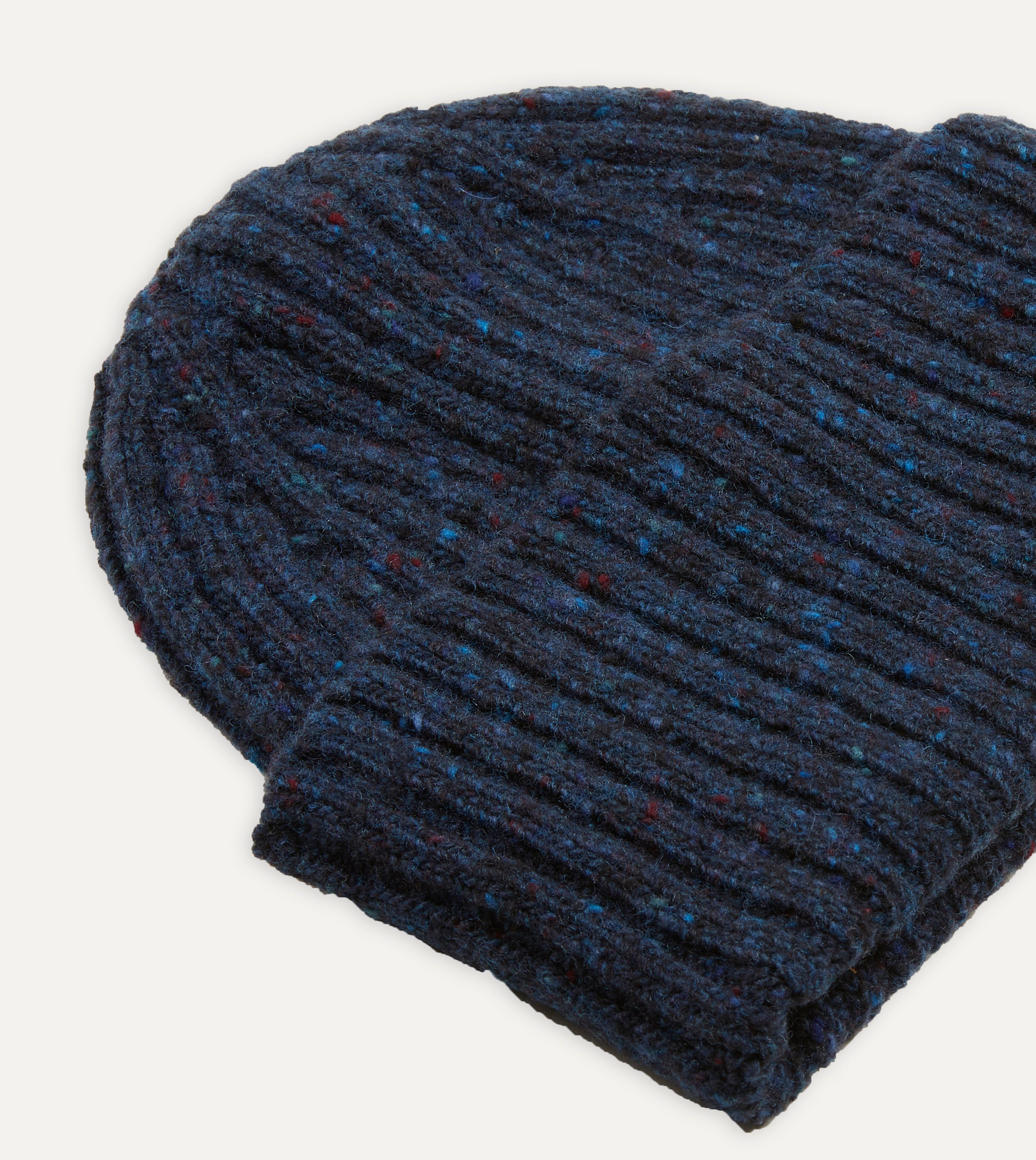 Warm Navy Ribbed Merino Donegal Knit Cap for Men & Women - Soft Winter Beanie for Outdoor Activities, Hiking & Cold Weather