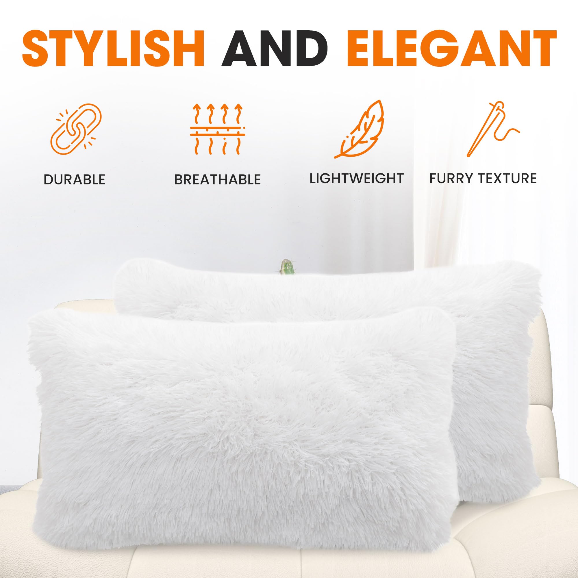 Soft Shaggy Throw Pillows Set of 2 (12x20 Inch) - Cozy Long Hair Faux Fur Couch & Bed Pillows with Inserts - White - Perfect for Living Room Decor, Sofa Accents & Bedroom Comfort