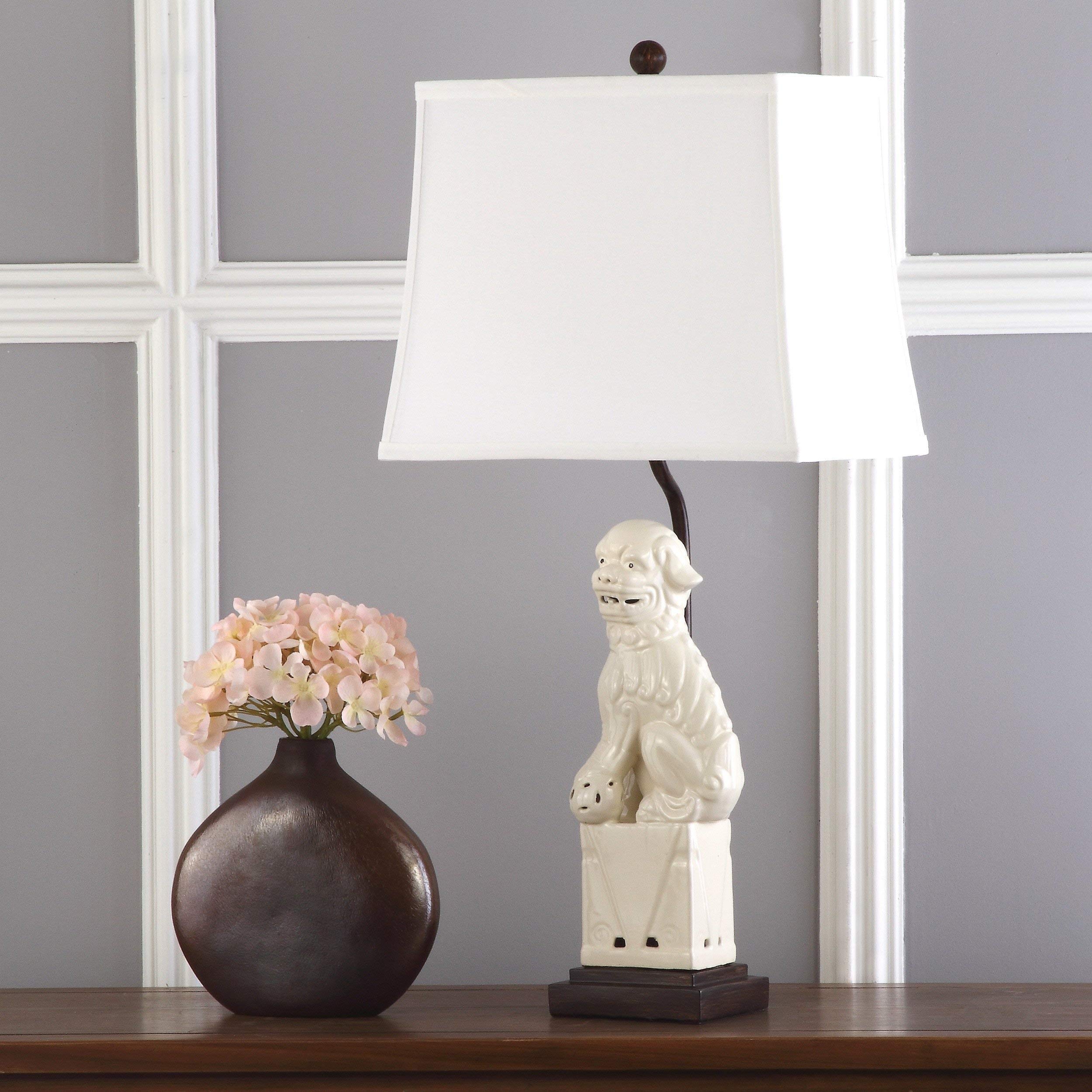 Fu Dog Lamp Set of 2 - Chinese Ceramic Guardian Statue Lighting for Home Decor
