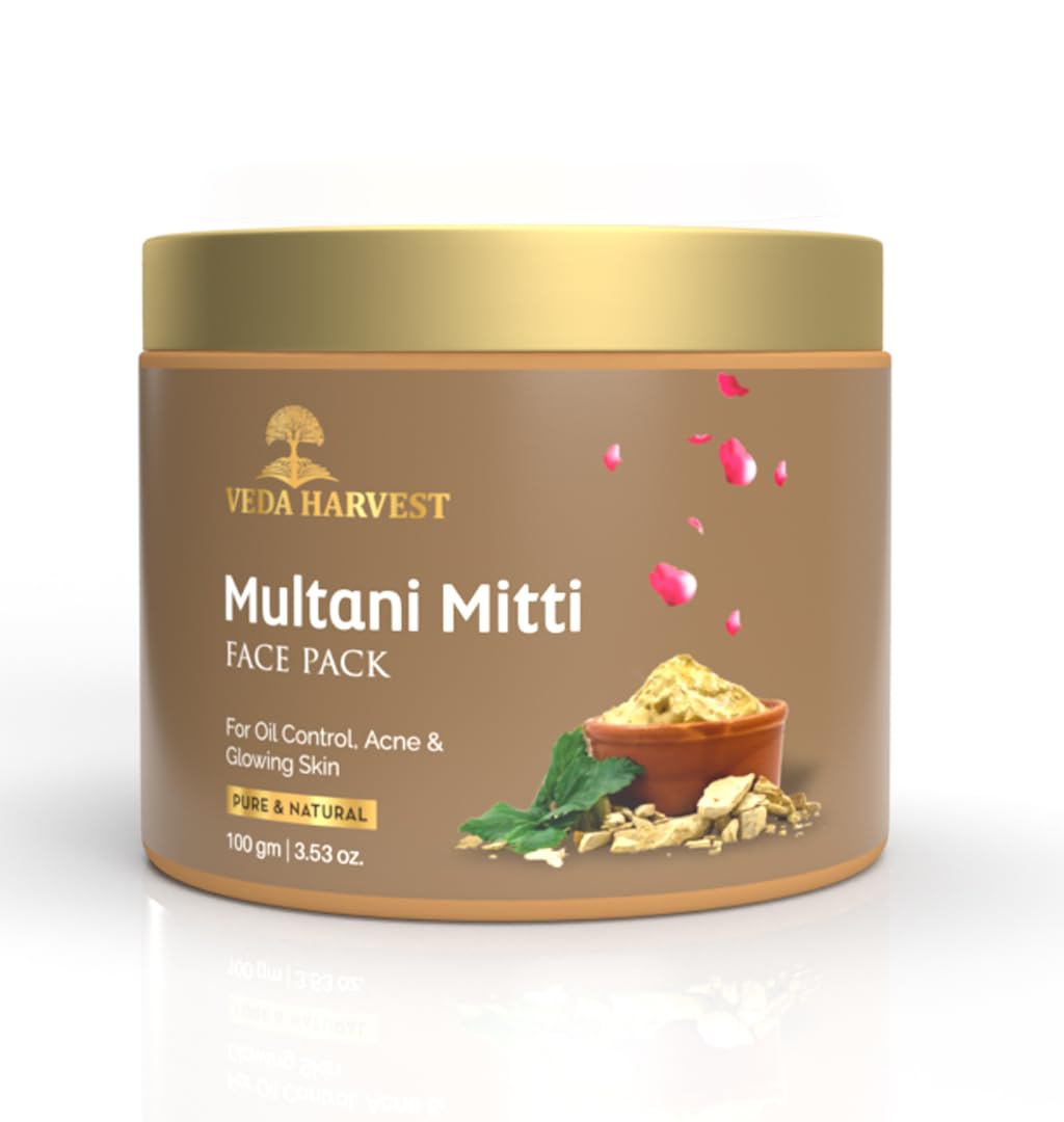 Veda Harvest Multani Mitti Clay Face Mask, 100g | Natural Acne Treatment for Men & Women | Removes Blackheads, Pigmentation | Chemical-Free Ayurvedic Skincare | Perfect for Daily Glow & Detox Routine | Home Spa & Self-Care Essential