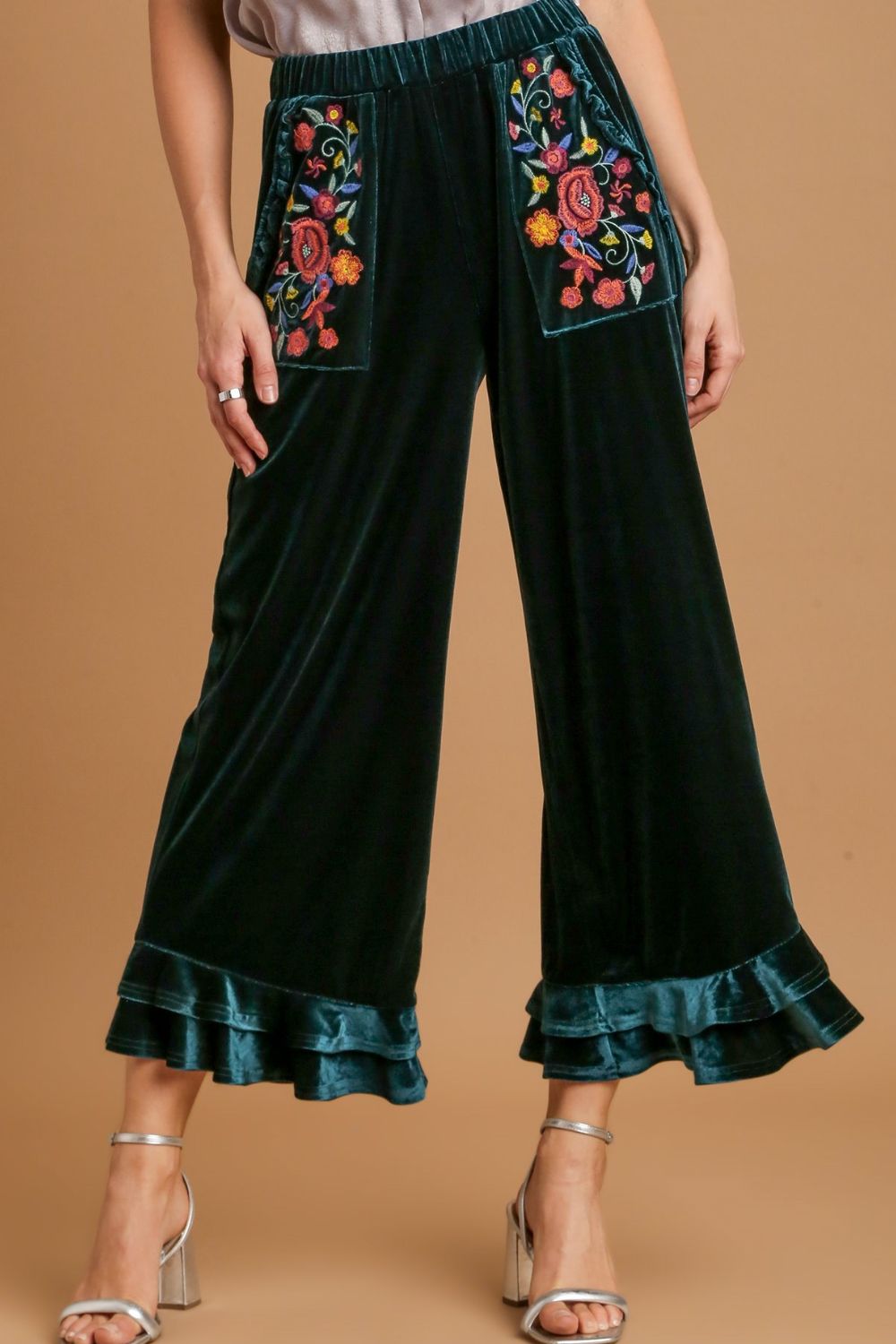 Women's Full Size Wide Fit Ruffle Velvet Lounge Pants with Embroidered Pockets - Soft Elastic Waist Comfortable Resort Wear for Vacation, Spa Days & Home Relaxation