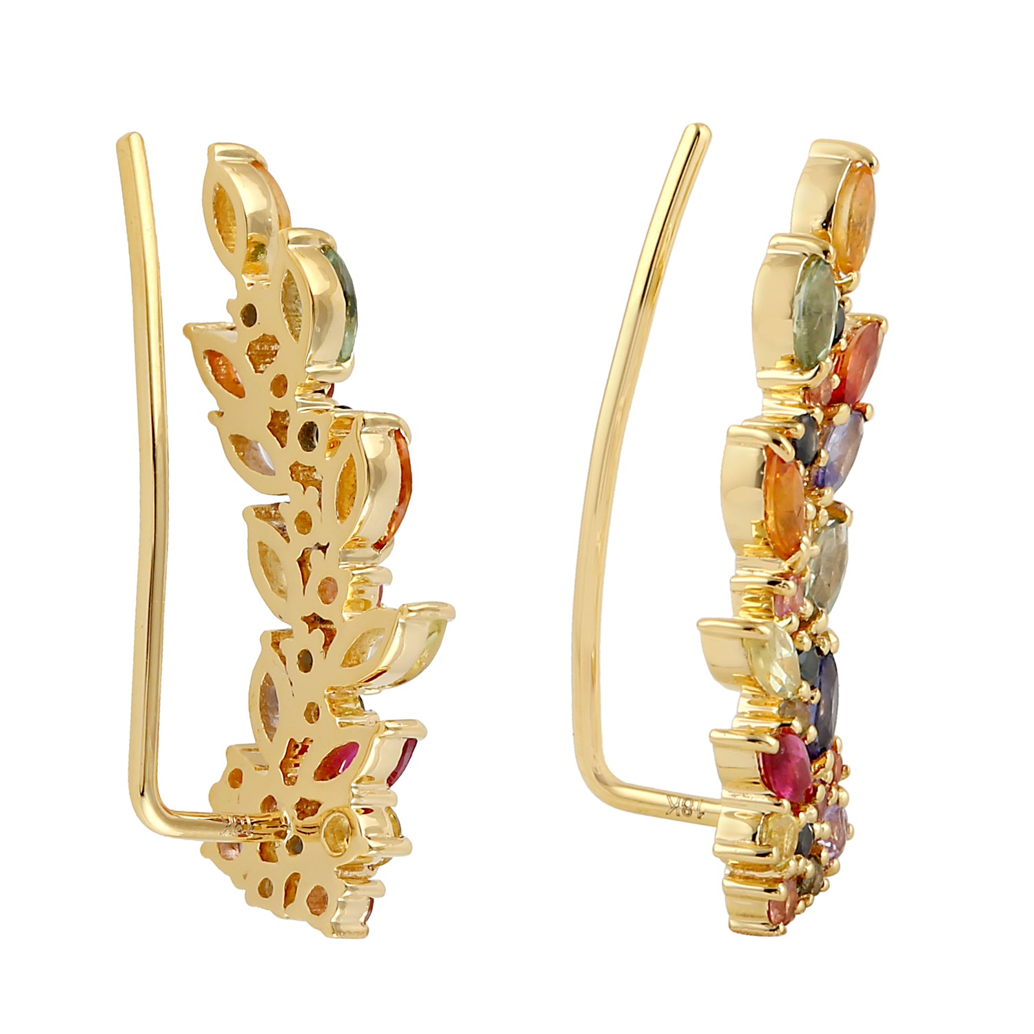 Exquisite Marquise Cut Multicolor Sapphire Ear Climber Earrings in 18K Yellow Gold - Perfect for Weddings, Parties & Special Occasions