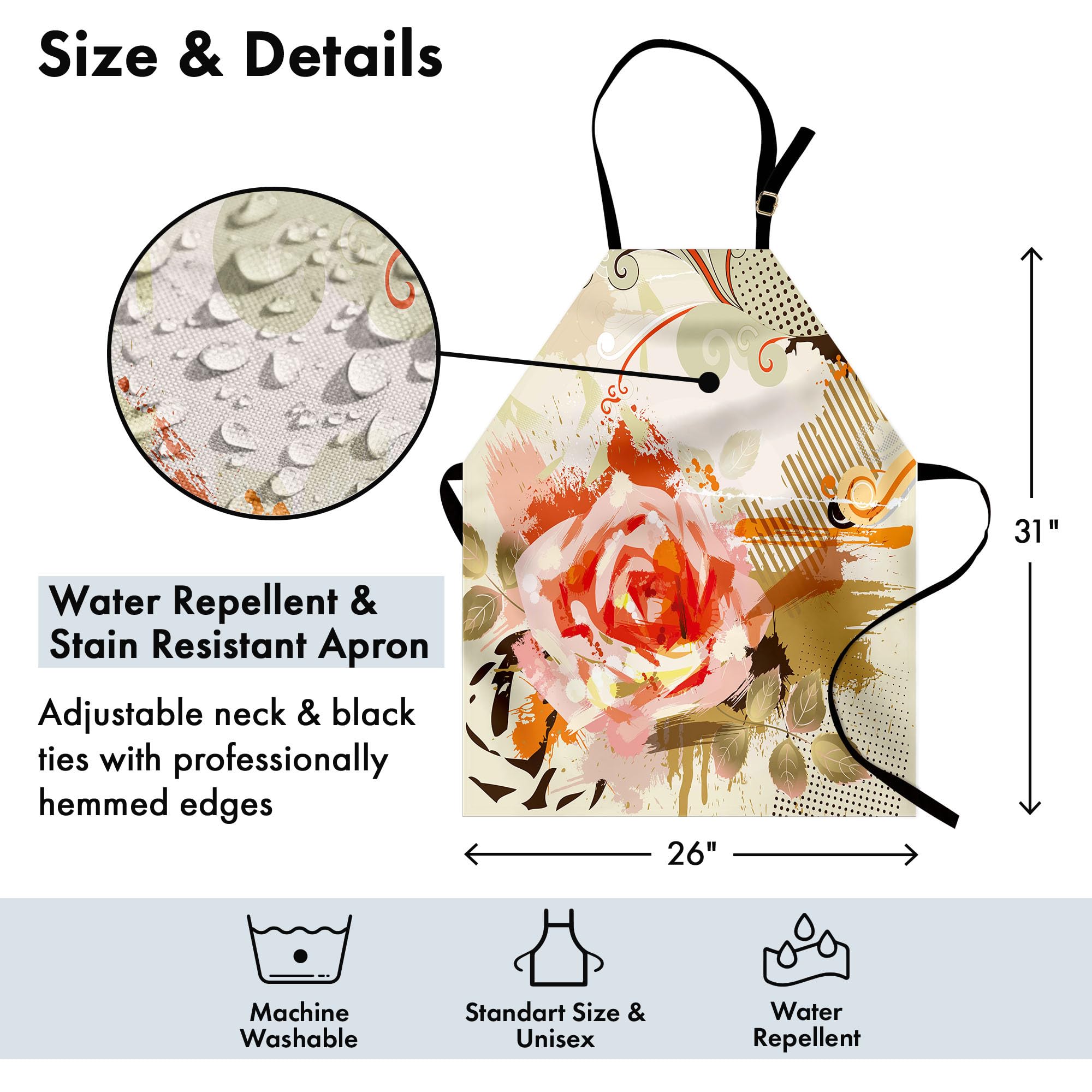 Ambesonne Unisex Kitchen Apron - Adjustable Bib Apron with Abstract Rose & Floral Retro Design for Cooking, Baking, Gardening | Khaki Orange Pink Pattern | Perfect for Home Chefs, BBQ Parties & Crafting