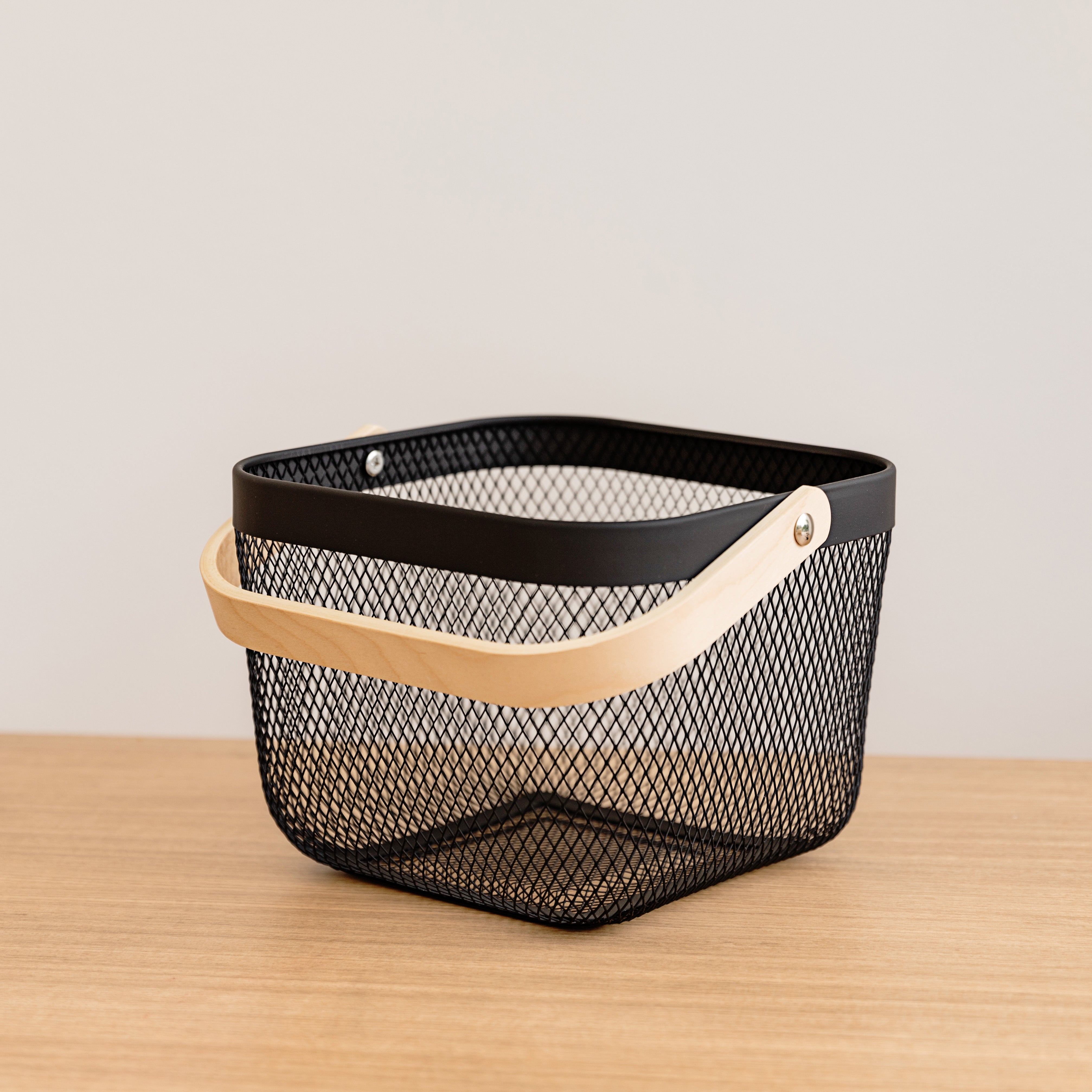 Small Black Storage Basket with Wooden Handle - Perfect for Home Organization, Bathroom, Kitchen & Office Decor - Multipurpose Organizer for Shelves, Countertops & Desks