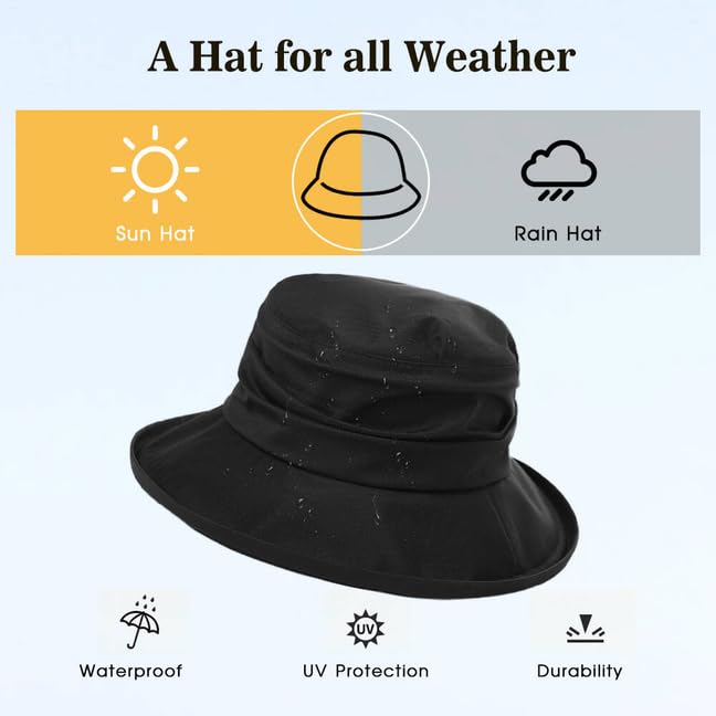Comhats Waterproof Bucket Hats for Women - UV Protection Sun Hat with Wide Brim, Lightweight Rain Hat for Outdoor Activities, Beach, Hiking & Gardening