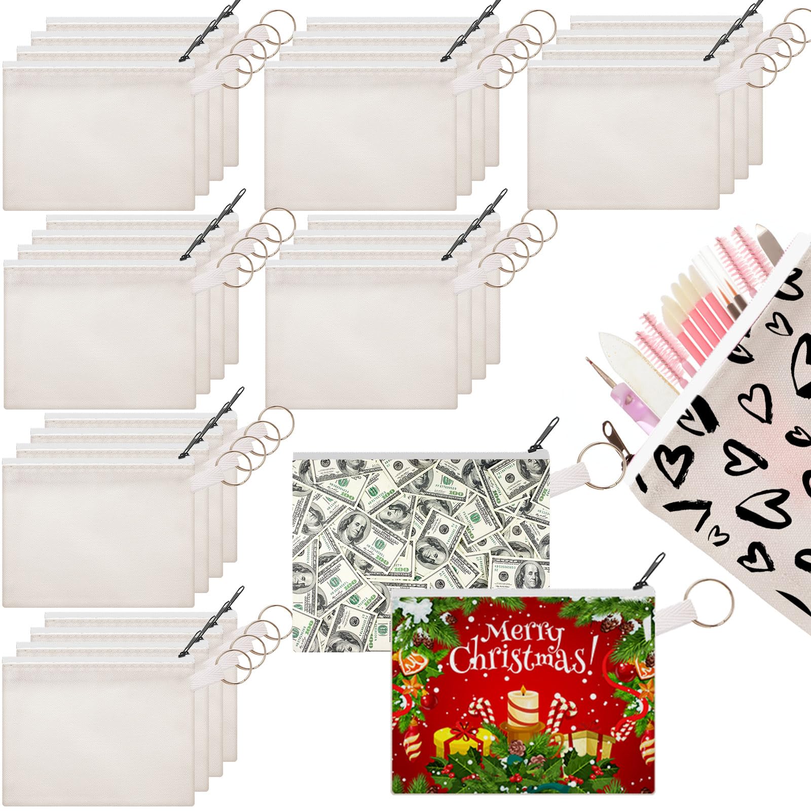Frienda 30 Pack White Sublimation Blank Makeup Bags - DIY Cosmetic Pouch with Zipper for Travel, Toiletry Organizer, Pencil Case & Coin Purse - Bulk Craft Supplies for Personalization & Gifts