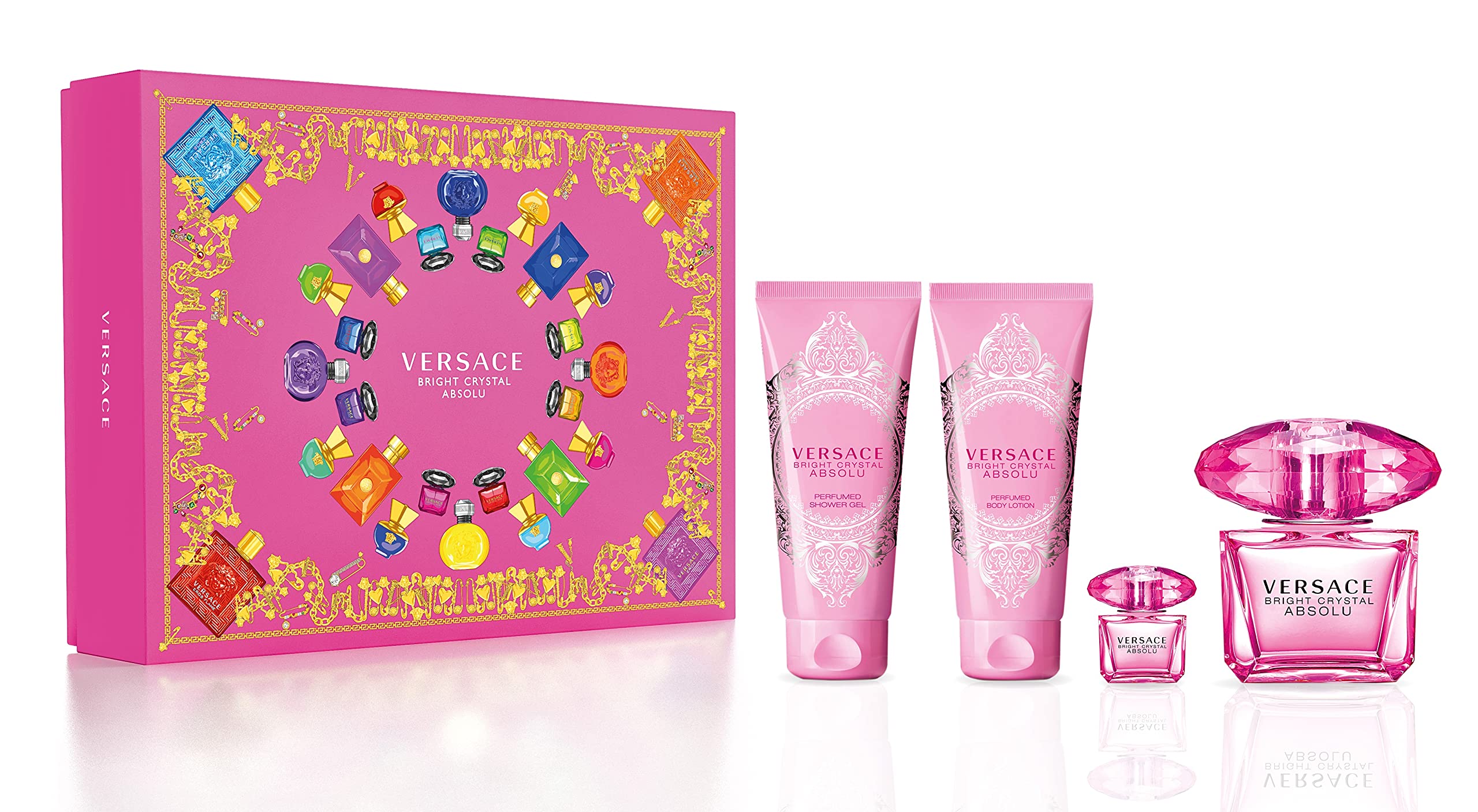 Versace Bright Crystal Absolu Perfume Gift Set for Women - 4 Piece Eau de Parfum with Body Lotion & Travel Size - Perfect for Birthday, Anniversary & Valentine's Day Gifts