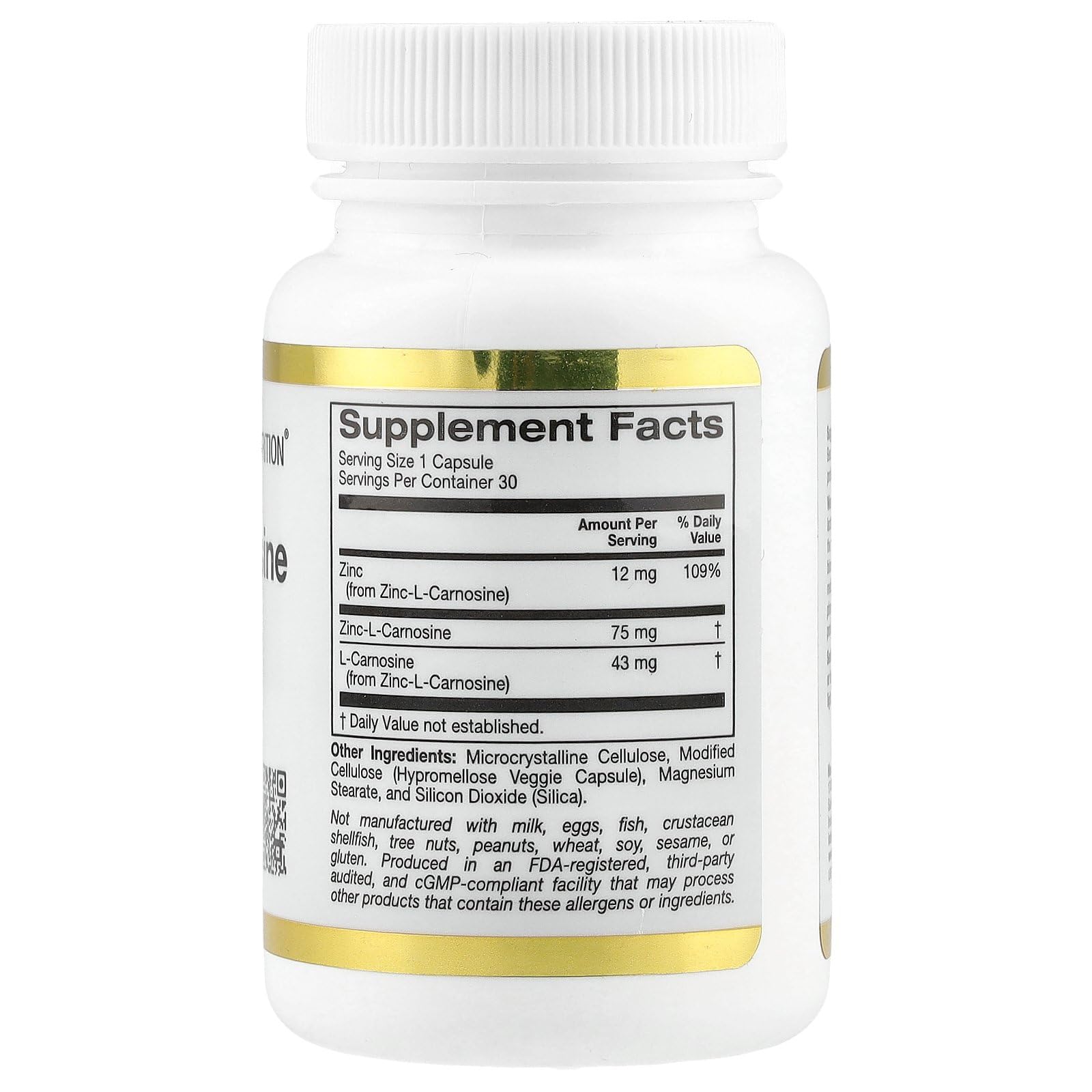 California Gold Nutrition Zinc-L-Carnosine Complex Supplement - 30 Vegetarian Capsules for Digestive Support & Stomach Health - Supports Gut Lining & Immune System