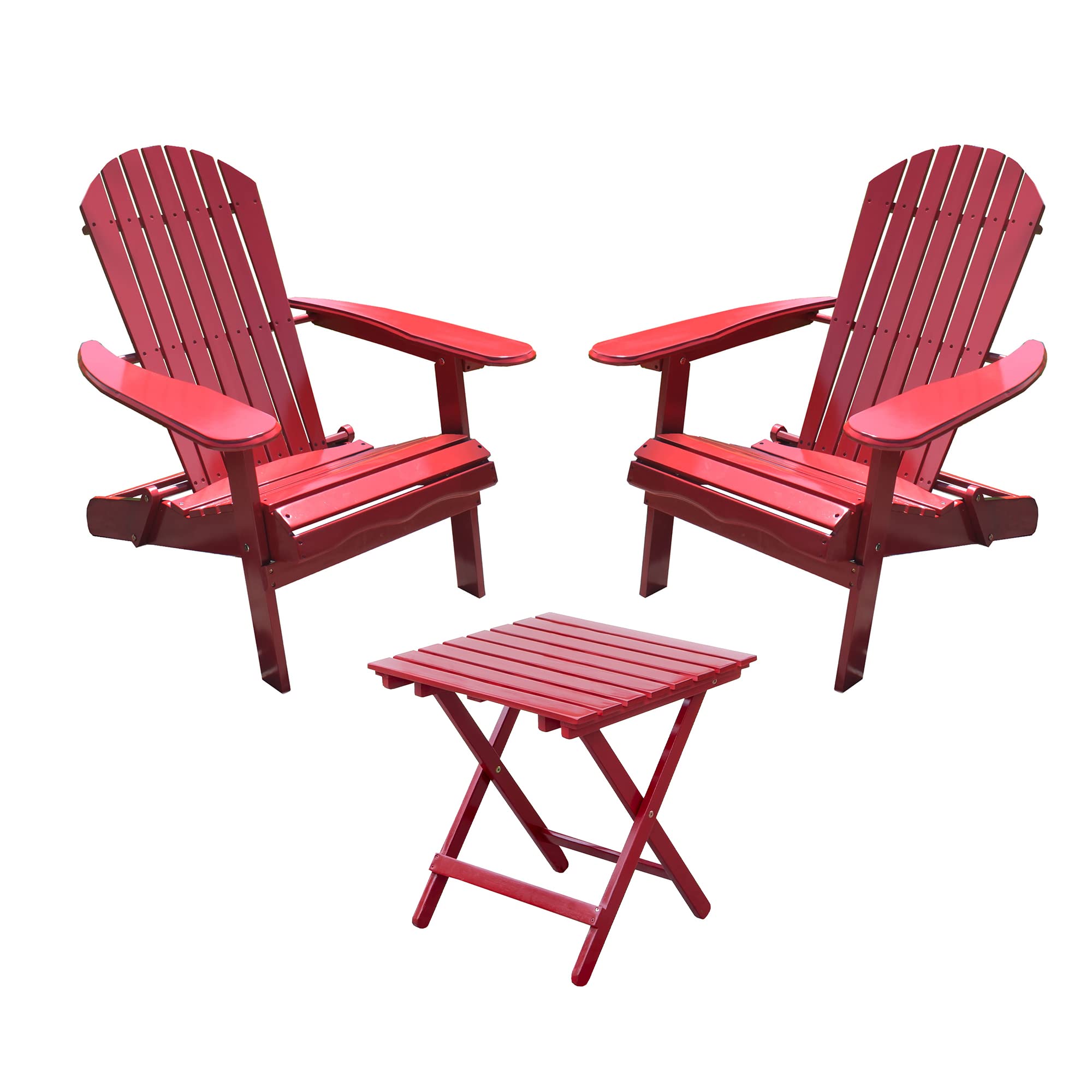 Premium 2-Pack Red Foldable Wooden Adirondack Chairs with Acacia Side Table - Outdoor Patio, Deck, Poolside & Garden Lounge Furniture Set for Relaxation