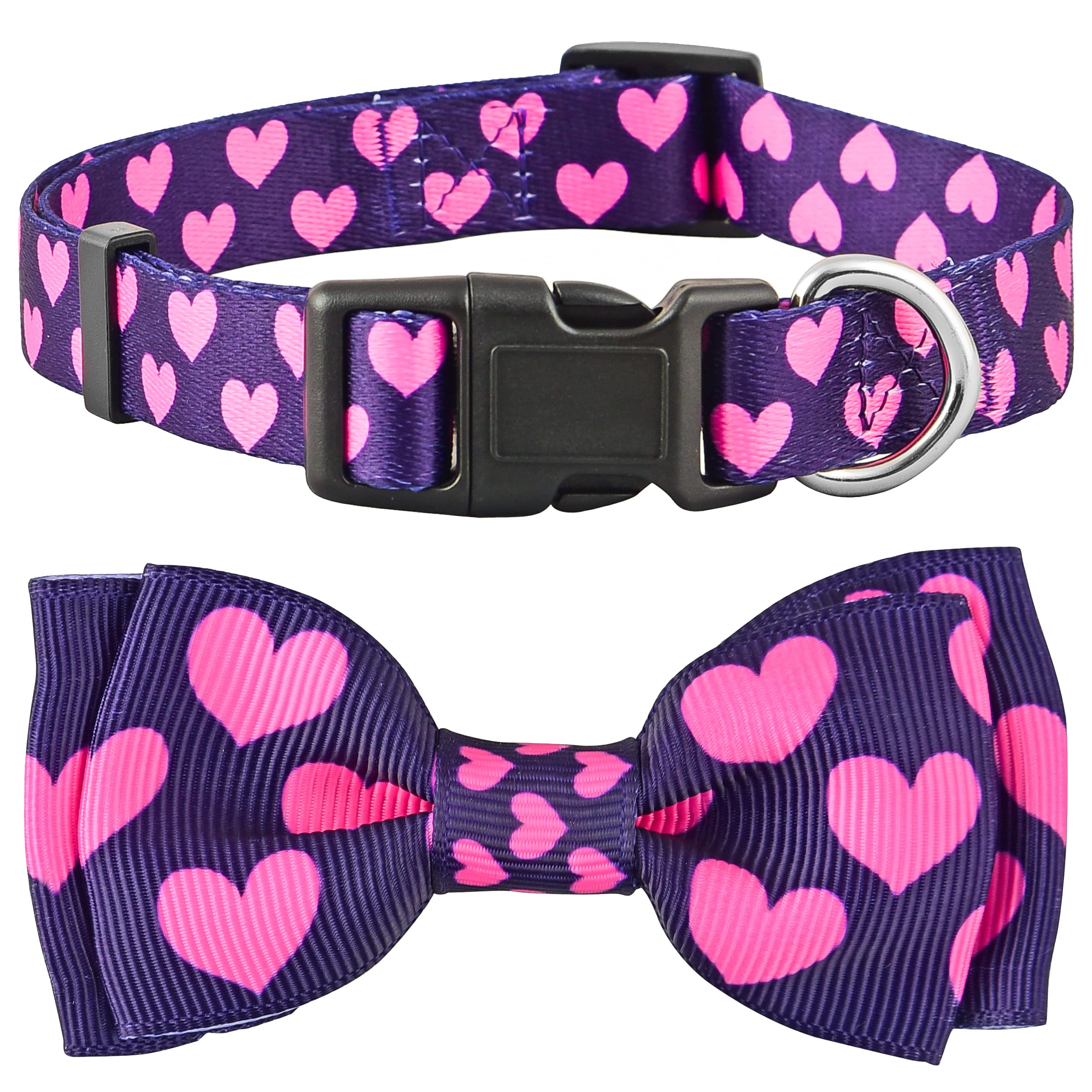 Valentine's Day Dog Collar with Adjustable Bow Tie - Pink Heart Pattern Pet Collar for Small, Medium & Large Dogs - Perfect for Valentine's Gifts, Pet Photos & Special Occasions