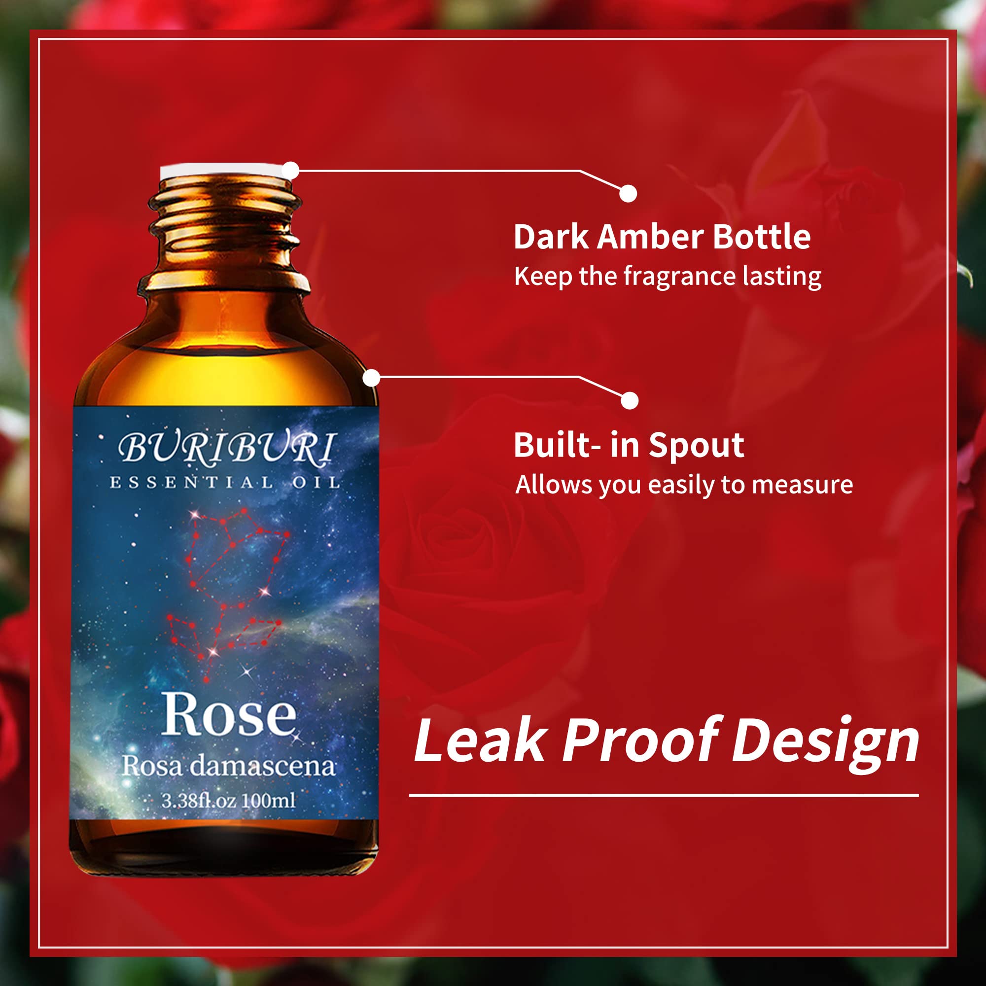 100% Pure Natural Undiluted BURIBURI Rose Essential Oil 3.38 fl.oz (100ml) - Aromatherapy Gift Set for Soap Making, Candle Making, Massage, Diffuser & Humidifier | Perfect for Relaxation, Skin Care & Home Fragrance