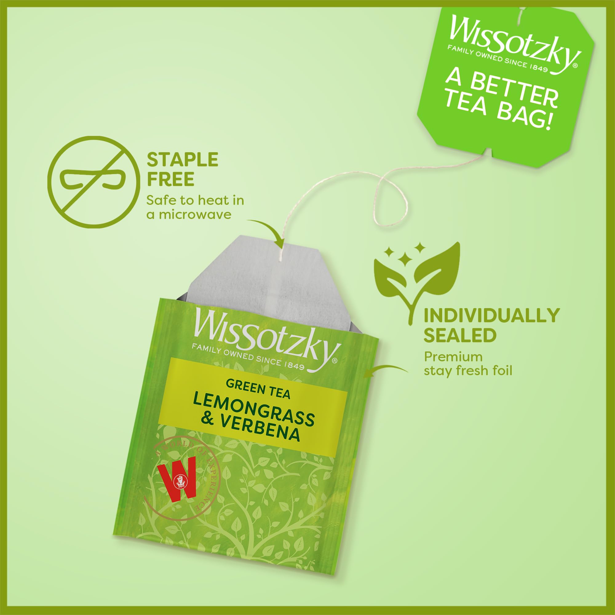 Wissotzky Lemongrass & Verbena Green Tea Bags - 20 Count | Antioxidant-Rich Herbal Tea with Soothing Citrus Aroma | Perfect for Relaxation, Afternoon Boost & Detox | Refreshing Caffeine-Free Beverage for Home or Office