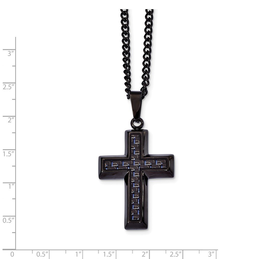 Stainless Steel Polished Black IP Cross Necklace with Blue Carbon Fiber Inlay - Elegant Religious Jewelry for Men & Women, Perfect for Gifts, Church, Weddings and Everyday Wear