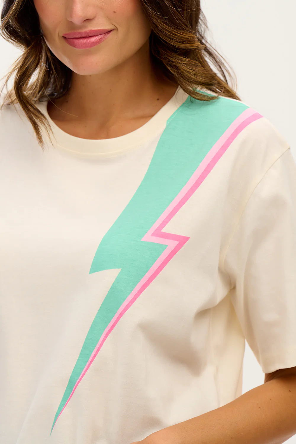 Kinsley Relaxed Fit T-Shirt for Women - Soft Cotton Crewneck Tee (Off White with Lightning Flash Print) - Casual Wear, Street Style, Everyday Outfits