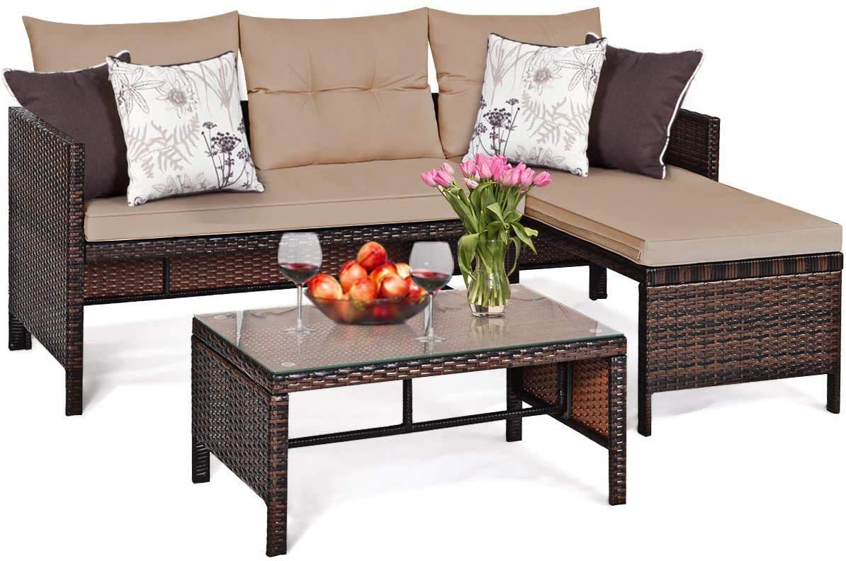 LDAILY 3-Piece Outdoor Patio Furniture Set - Waterproof Wicker Rattan Sofa with Cushions, Lounge Chaise - Perfect for Garden, Poolside, Backyard & Outdoor Conversations (Ideal for Relaxing, Entertaining & Sunbathing)