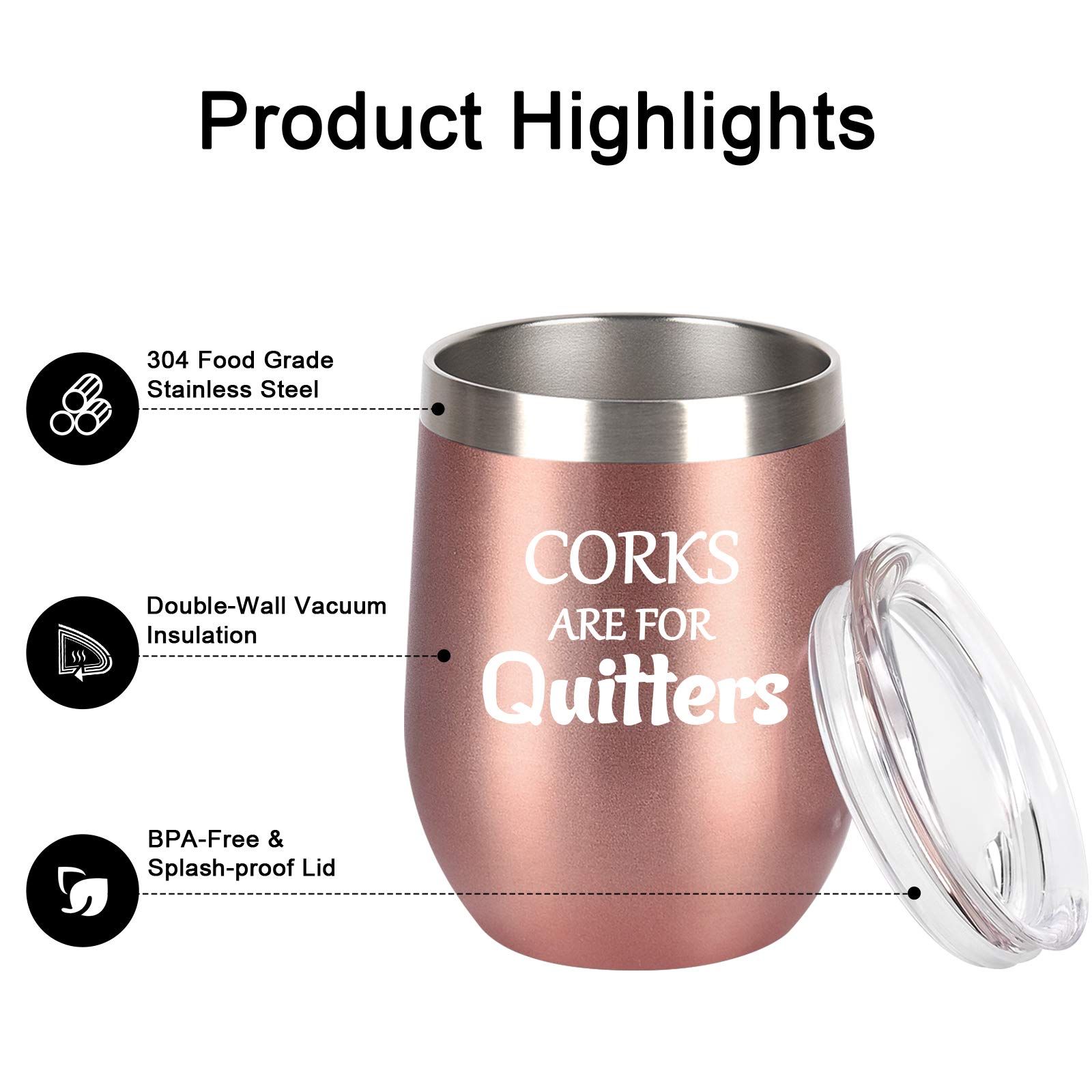 Stainless Steel Wine Tumbler with Lid - 12oz Rose Gold Insulated Stemless Cup for Women | Unique Birthday & Christmas Gift for Wine Lovers | Perfect for Parties, Picnics & Home Entertaining