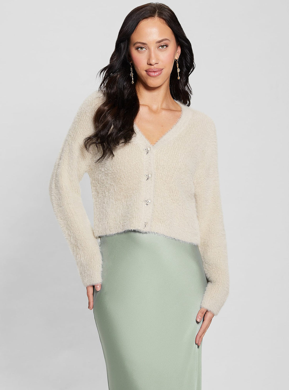 Beige Bow Button Knit Cardigan for Women - Soft Chunky Open Front Sweater - Perfect for Fall & Winter Outfits, Office Wear and Casual Dates