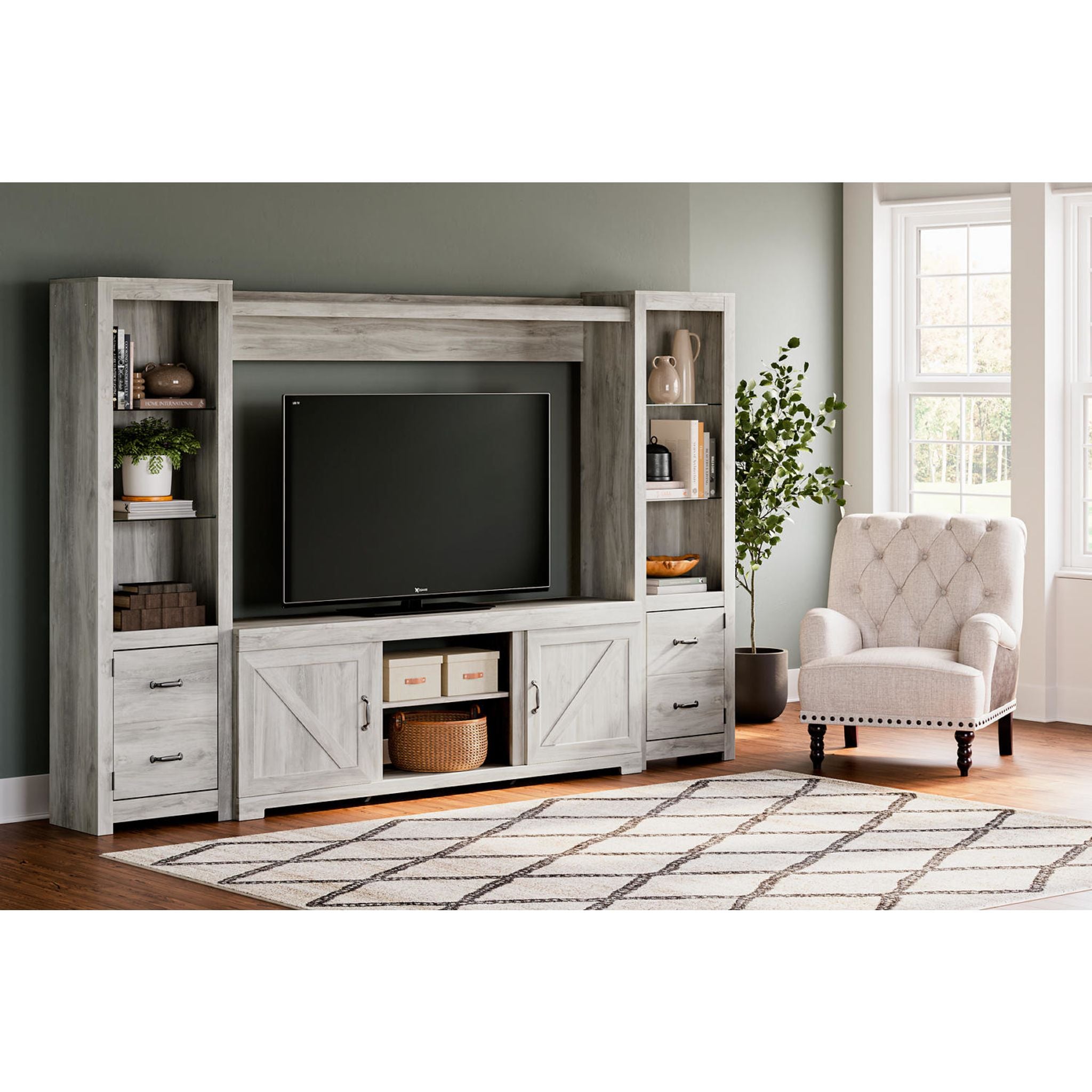Bellaby 4-Piece Entertainment Center Set - Whitewashed Wood TV Stand with Storage for Living Room, Home Theater & Media Organization