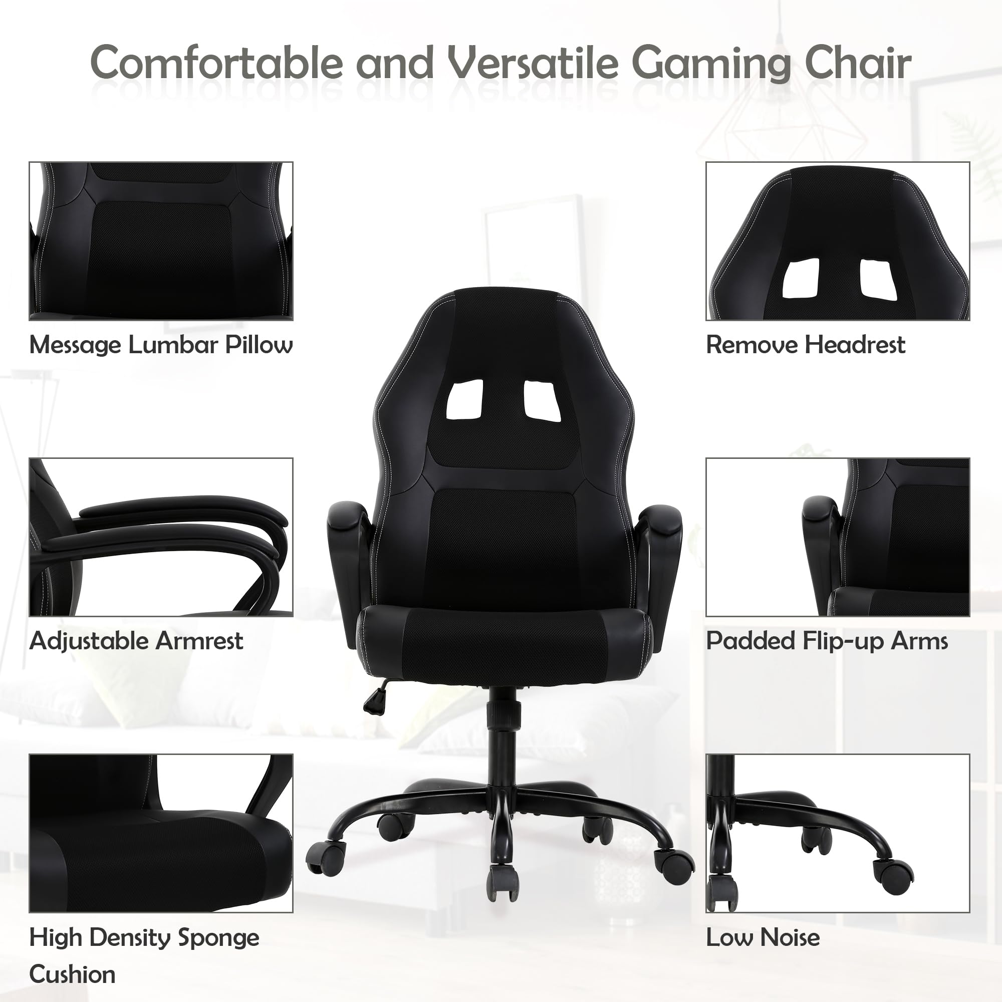 Ergonomic Massage Gaming Chair for Adults - Adjustable Office Desk Chair with Lumbar Support & Armrests - PU Leather Reclining Computer Task Chair - Perfect for Home Office, Gaming Setup & Workstation (Black)