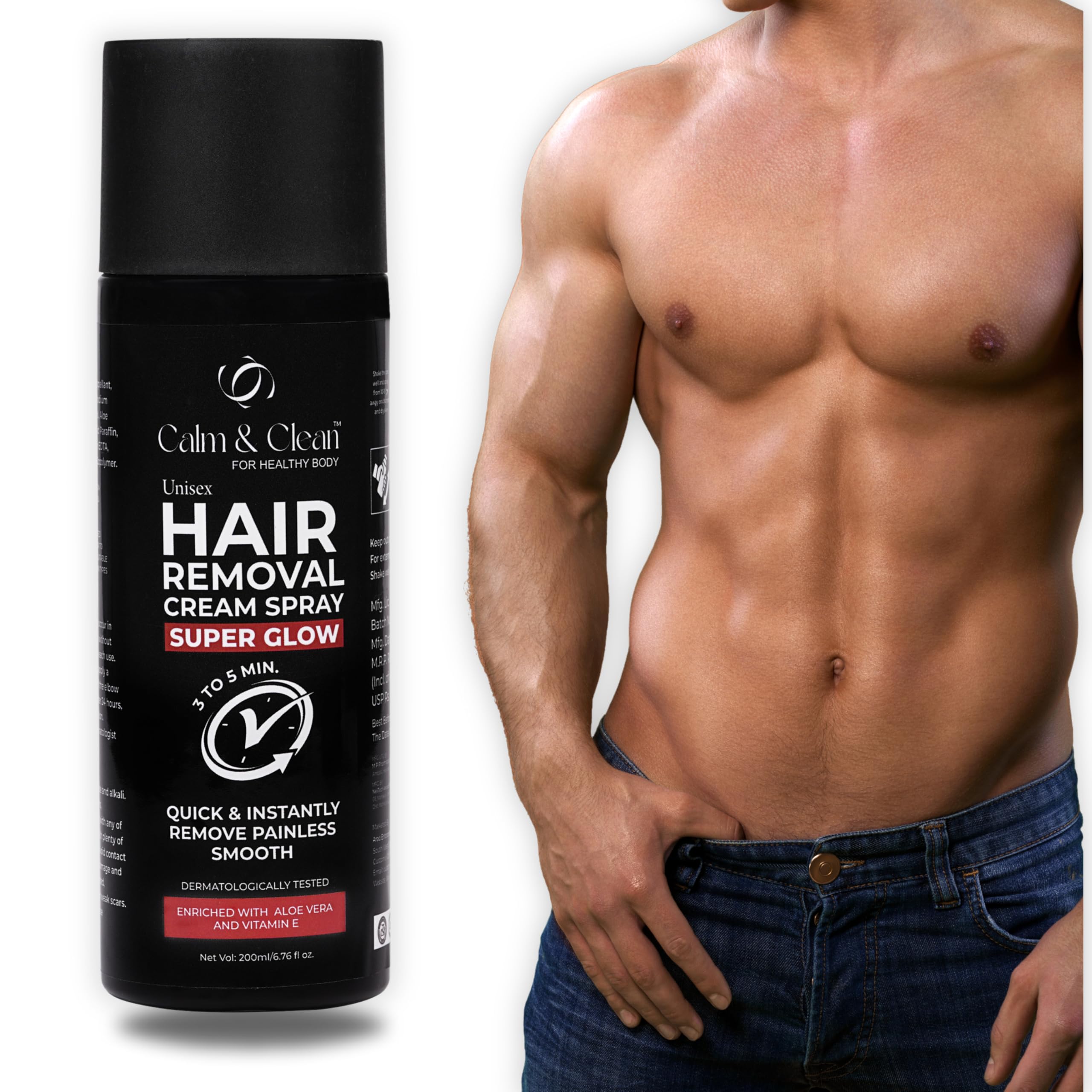 CALM & CLEAN Painless Hair Removal Spray for Women & Men - 200ml | Non-Toxic Depilatory Cream for Chest, Legs & Underarms | Enriched with Aloe Vera & Vitamin E | Gentle & Effective Body Hair Removal | Perfect for Smooth Skin at Home, Gym or Beach | Pack of 1