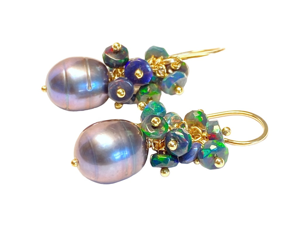 Black Grey Peacock Pearl Black Opal Cluster Earrings - Gold Filled Dangle Earrings for Women, Perfect for Parties, Weddings & Special Occasions