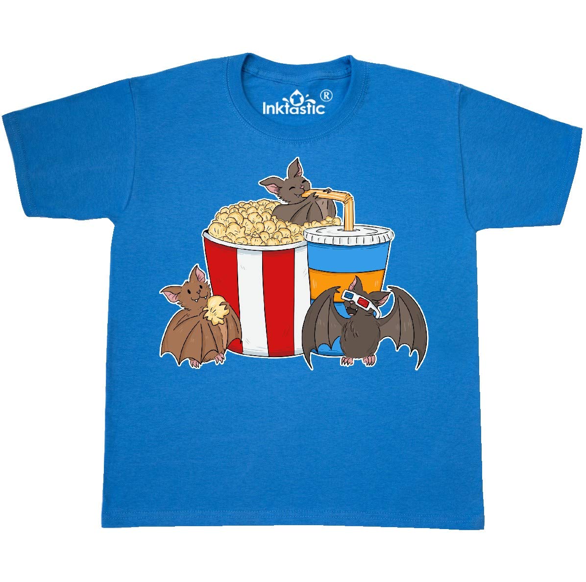 Inktastic Movie Loving Bats with Popcorn and Soda Youth T-Shirt | Cute Bat Design Kids Tee | Fun Movie Night Outfit for Boys & Girls