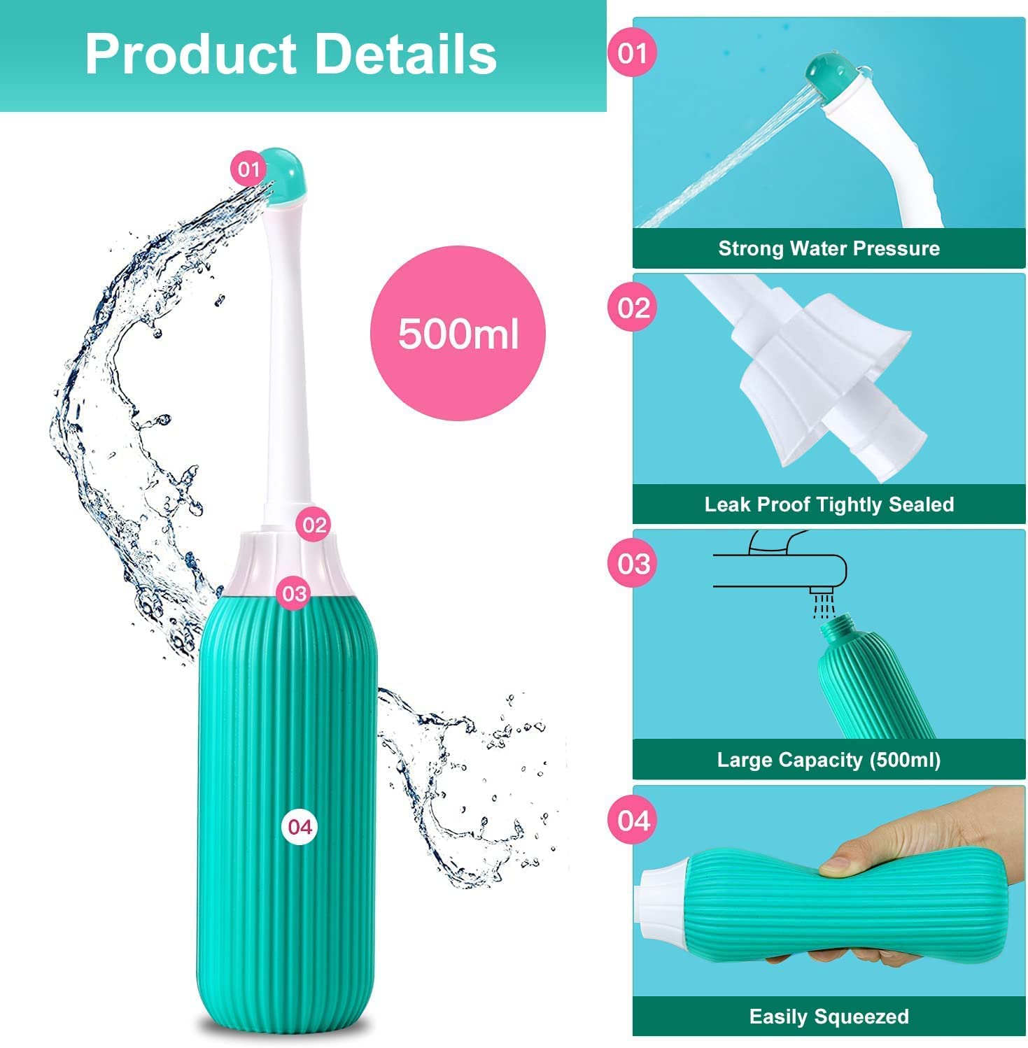 SKINPLUS Portable Handheld Bidet Sprayer - 500ML Green Retractable Nozzle with Anti-Slip Grip & Travel Bag | Perfect for Travel, Camping & Postpartum Care