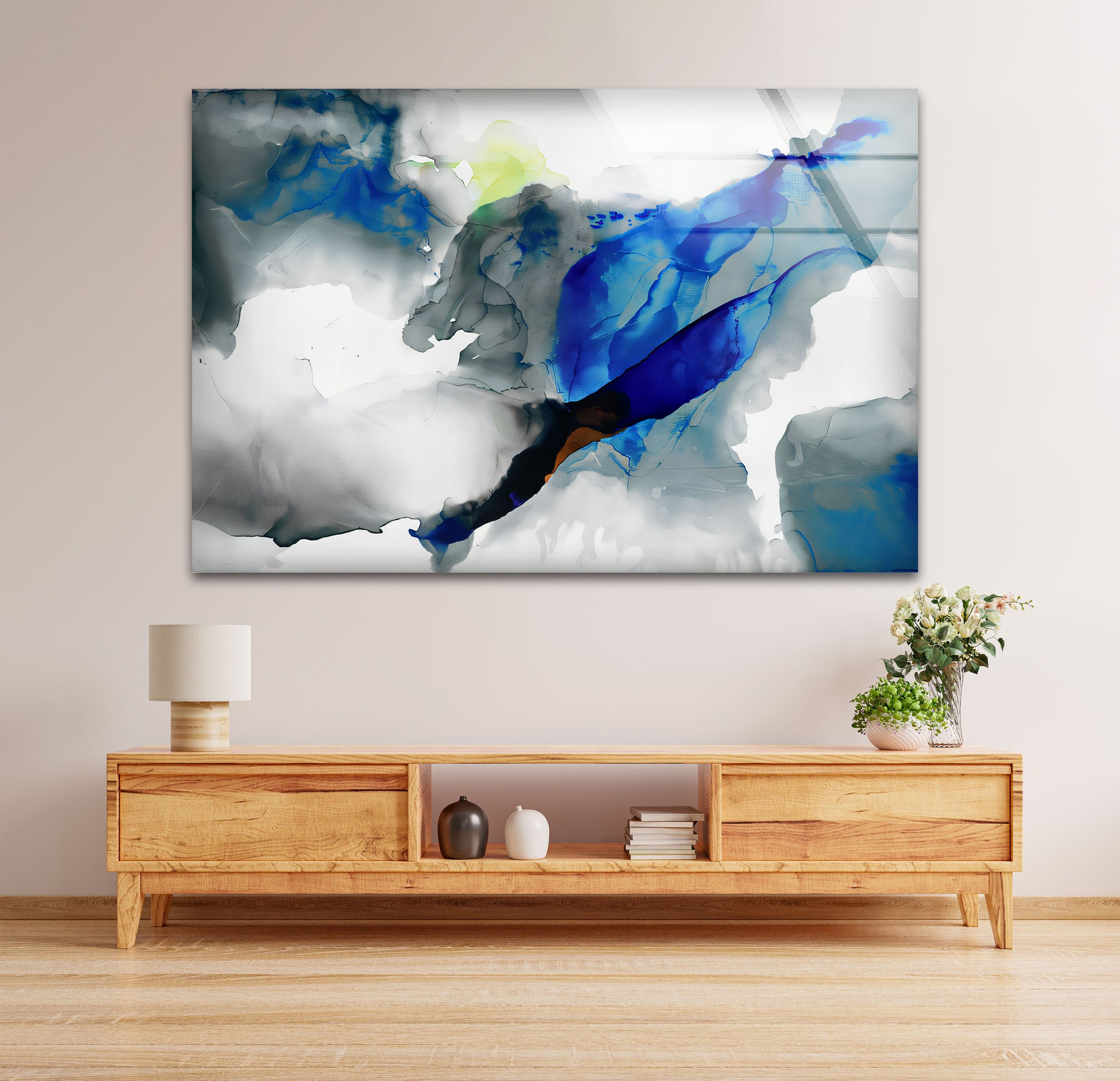 Azure Drift - Modern Abstract Blue Glass Wall Art Decor for Living Room, Bedroom & Office | Handmade Contemporary Artwork for Home & Office Interior Design