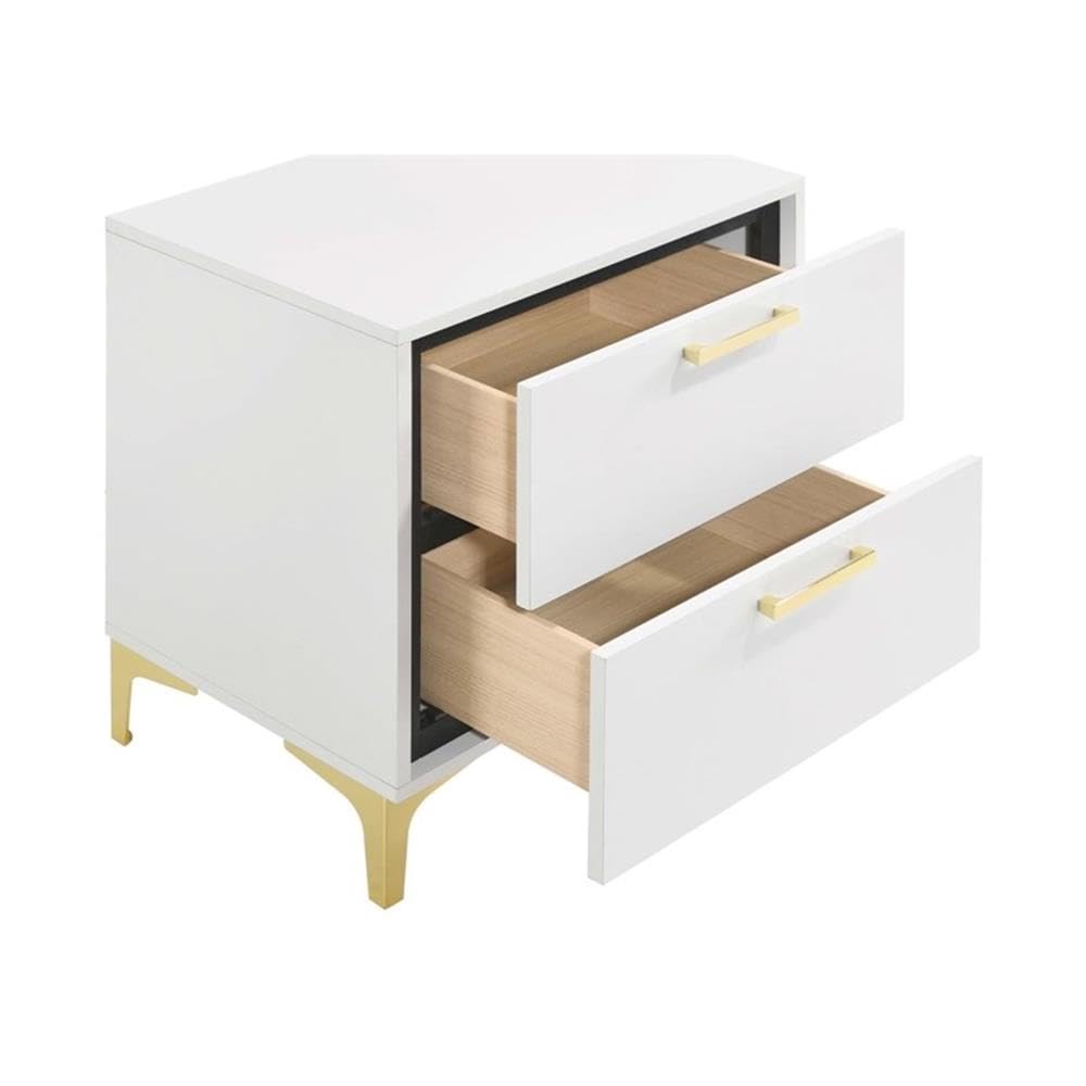 MAKLAINE White Modern 2-Drawer Wood Nightstand with Metal Base - Bedside Table for Bedroom, Living Room & Guest Room Storage