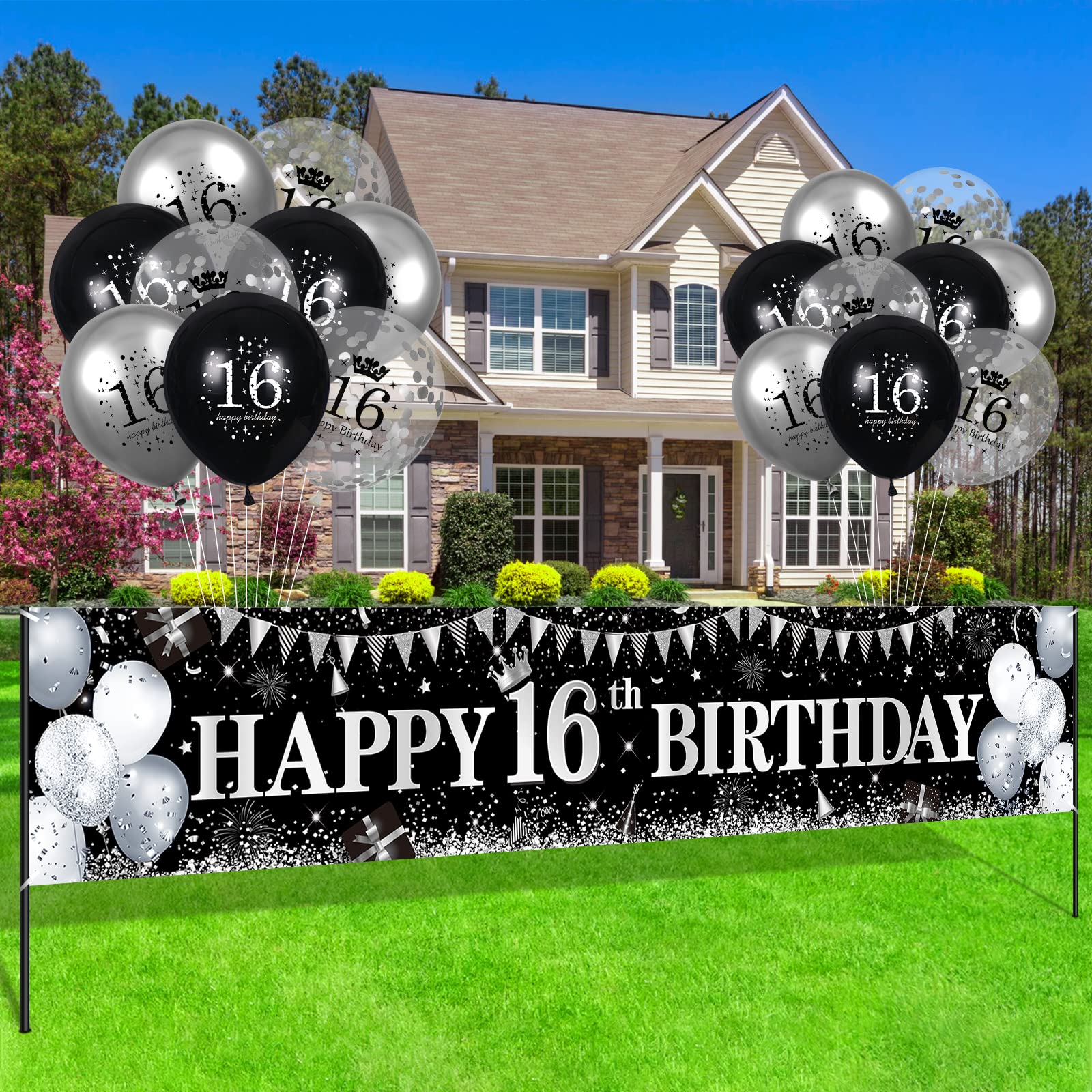 Black & Silver Happy 16th Birthday Decorations Set - Banner Yard Sign & 18Pcs Balloons for Boys Girls Sweet 16 Party Supplies | Perfect for Birthday Anniversaries, Teen Celebrations & Milestone Decor