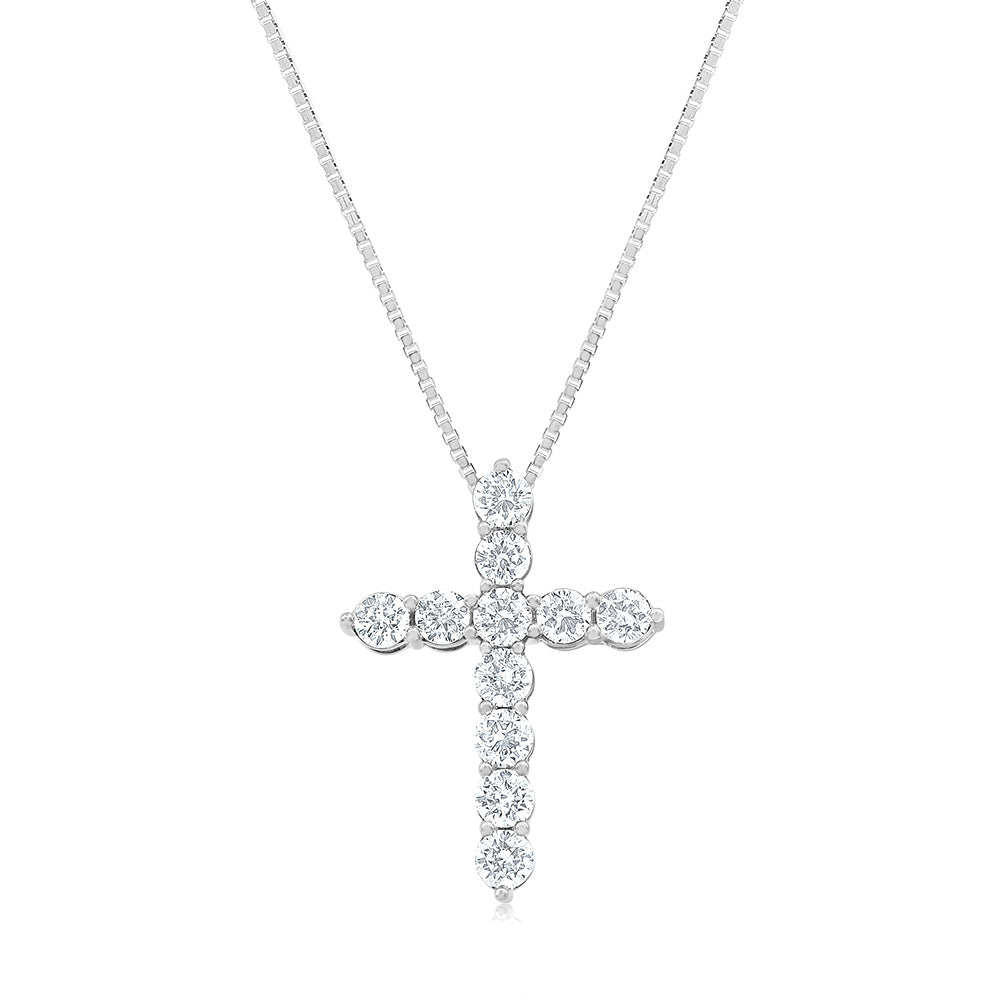 14K White Gold 1.90 Carat Diamond Cross Pendant Necklace - Round Brilliant Cut Diamond on 45cm Chain - Perfect for Gifts, Weddings & Religious Occasions
