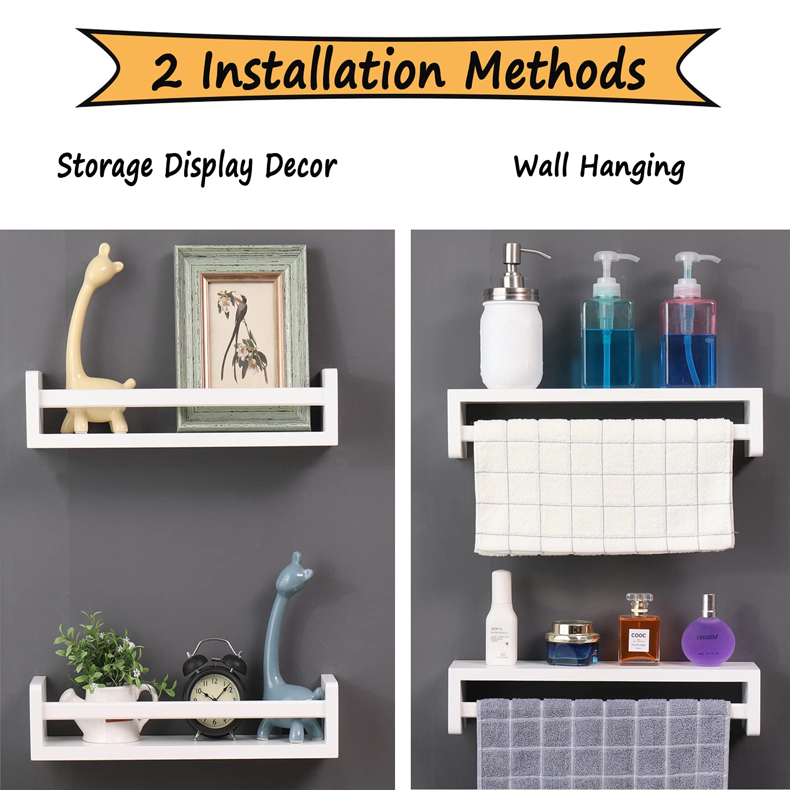 Rustic U-Shaped Floating Shelf Set of 2 - Wall Mounted Nursery Book Shelves & Farmhouse Decor Organizer - Perfect for Bathroom, Kitchen, Nursery & Living Room Storage Solutions