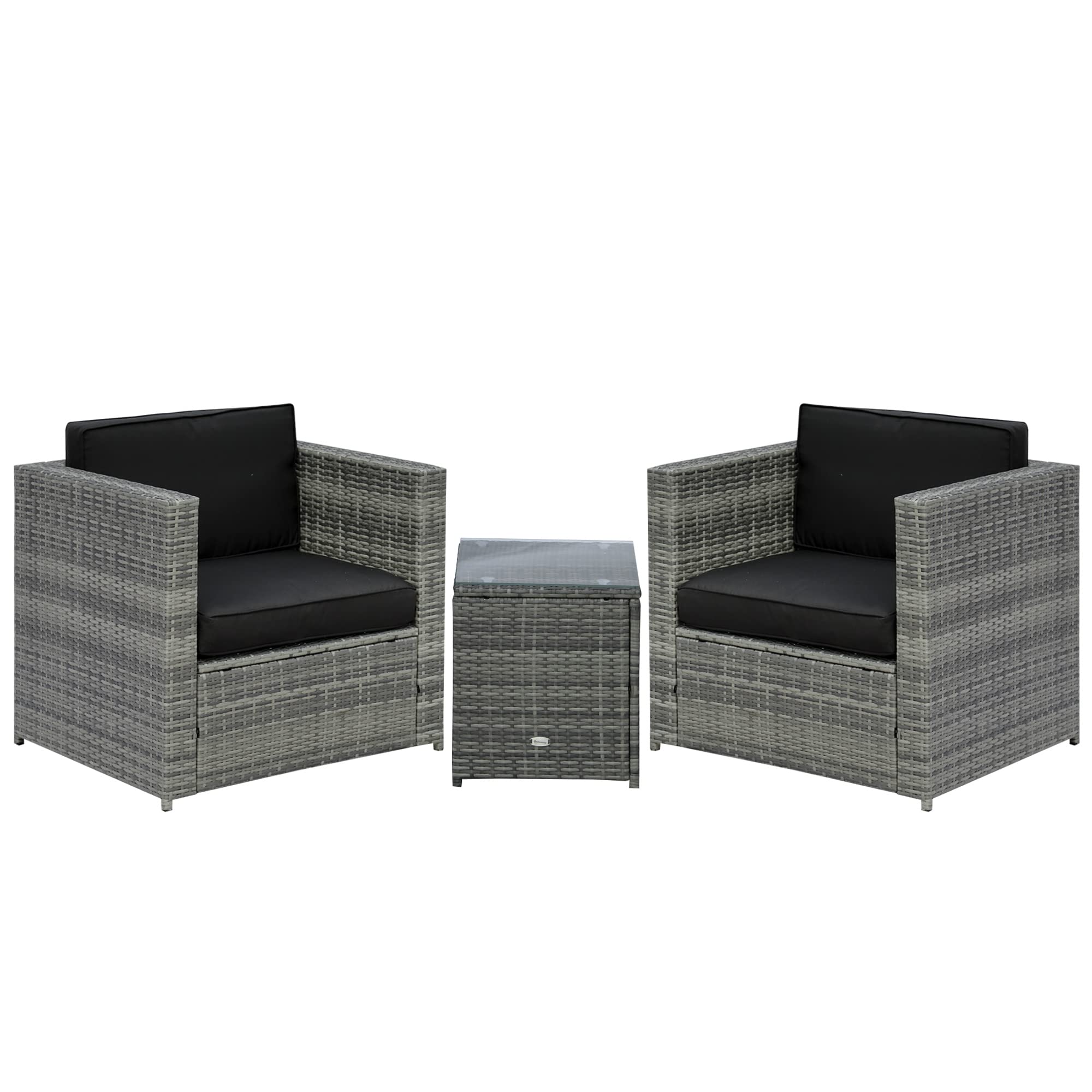 Outsunny 3-Piece Black Wicker Outdoor Bistro Set - Rattan Patio Furniture with Glass Coffee Table & Thickened Cushions - Perfect for Backyard, Balcony, Garden, Porch or Poolside Relaxation