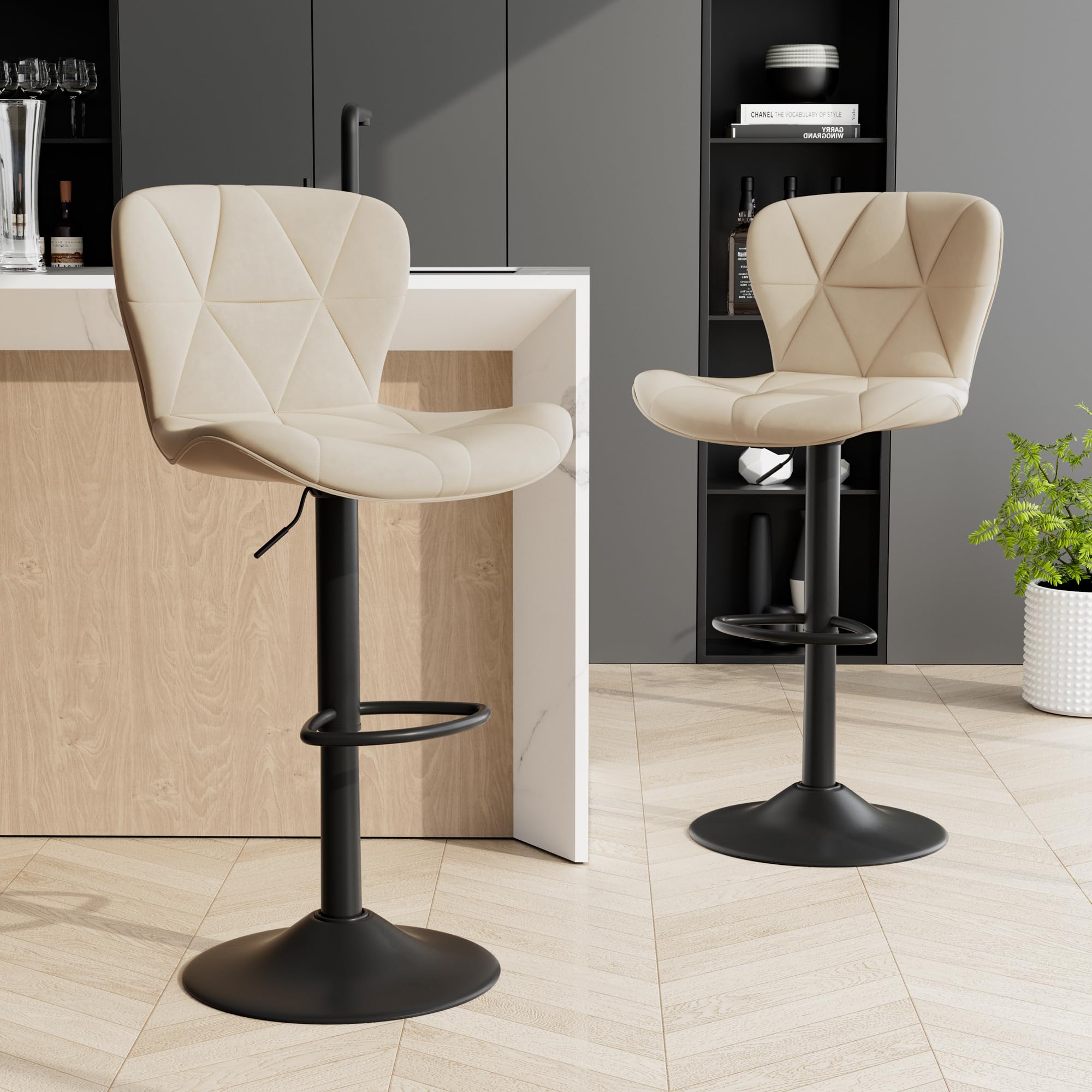 Adjustable Swivel Bar Stools Set of 2 - Faux Leather Upholstered Counter Height Bar Chairs with High Backrest for Kitchen Island, Dining Room & Home Bar (Khaki) - Perfect for Entertaining, Breakfast Nooks & Modern Kitchen Decor