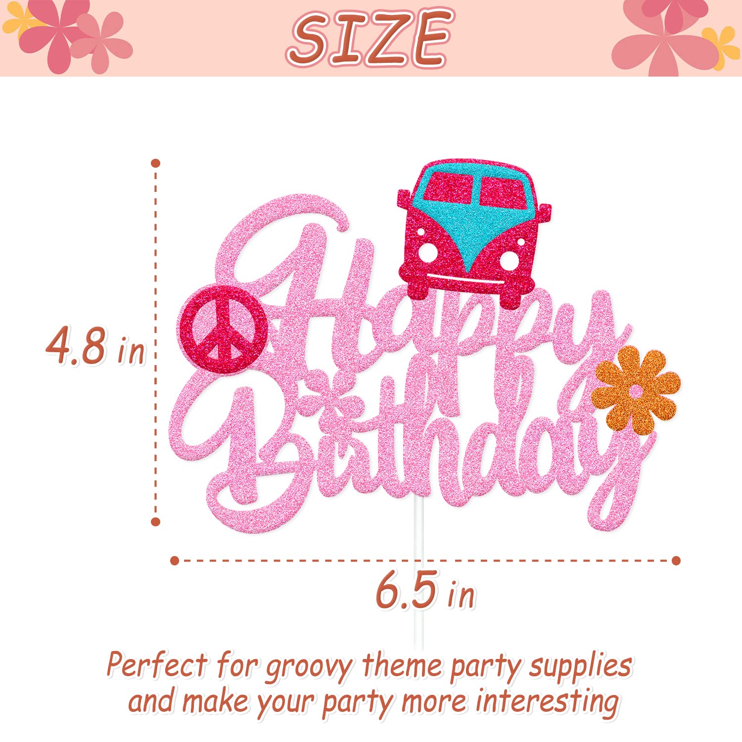 Groovy Hippie Cake Topper - Happy Birthday Boho Flower Decorations for Women & Girls | 60s Theme Party Supplies | Perfect for Hippie Birthday Cakes, Boho Baby Showers & Retro Celebrations
