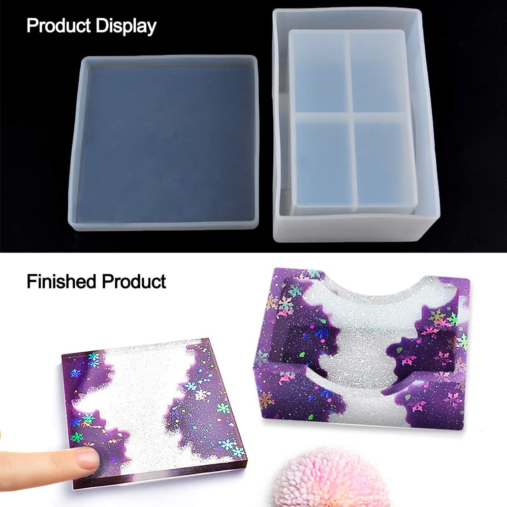 2Pcs Square Resin Coaster Molds with Holder & 4Pcs Fixed Plates - DIY Epoxy Cup Mat Silicone Molds for Crafting, Resin Art, Home Decor - Perfect for Coffee Tables, Dining Tables, and Gift Making