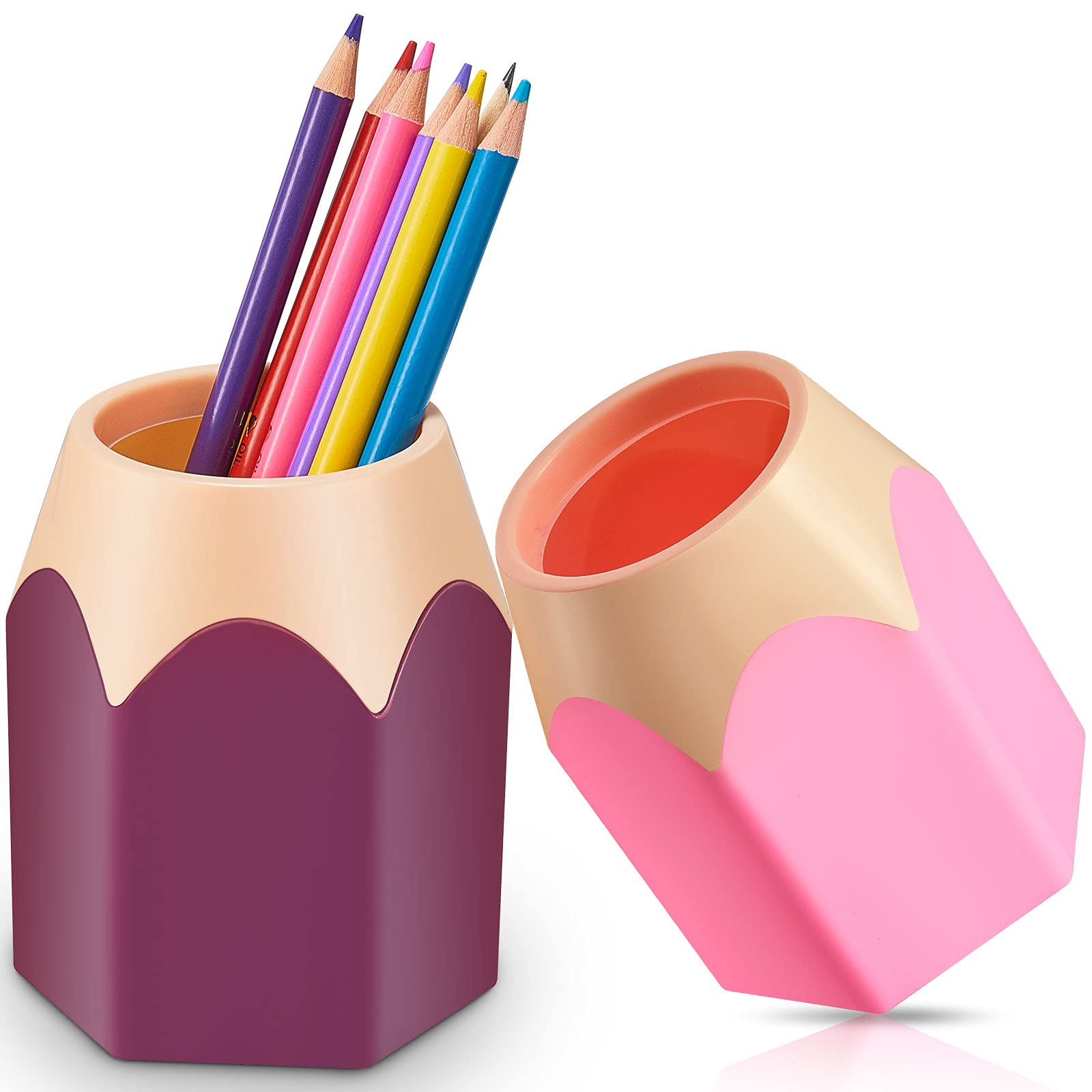 2-Pack Cute Pencil Shaped Pen Holders - Colorful Desktop Organizer for Pens, Pencils & Stationery | Cartoon Design Office & School Supplies | Perfect for Classroom, Home & Workspace Decor (Pink & Purple)