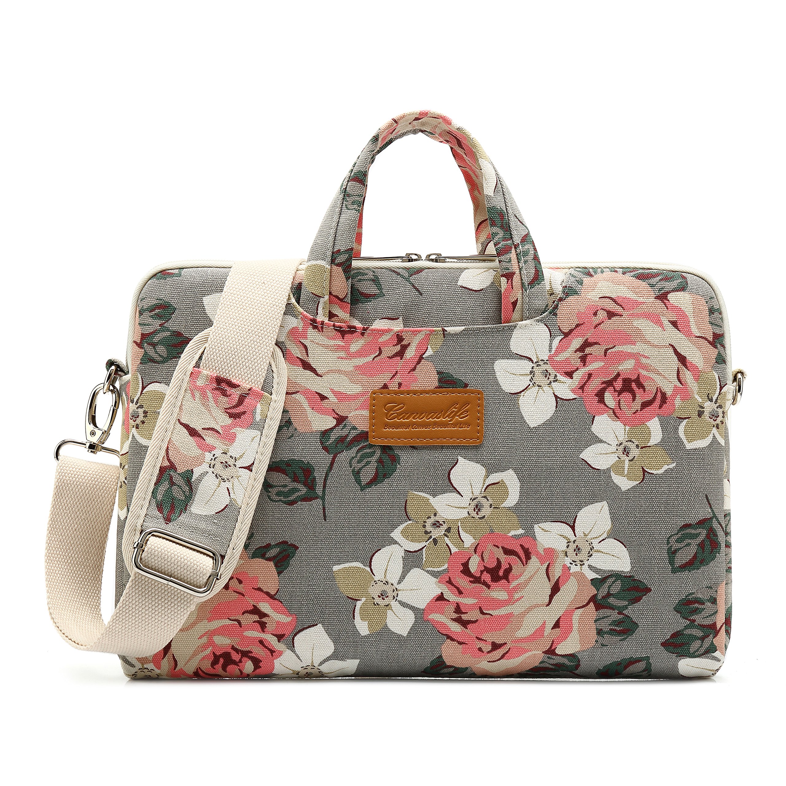 Waterproof 15 Inch Laptop Messenger Bag - Grey Rose Pattern Canvas Shoulder Bag for 14-15.6 Inch Laptop & MacBook Pro 15 | Perfect for Work, School & Travel