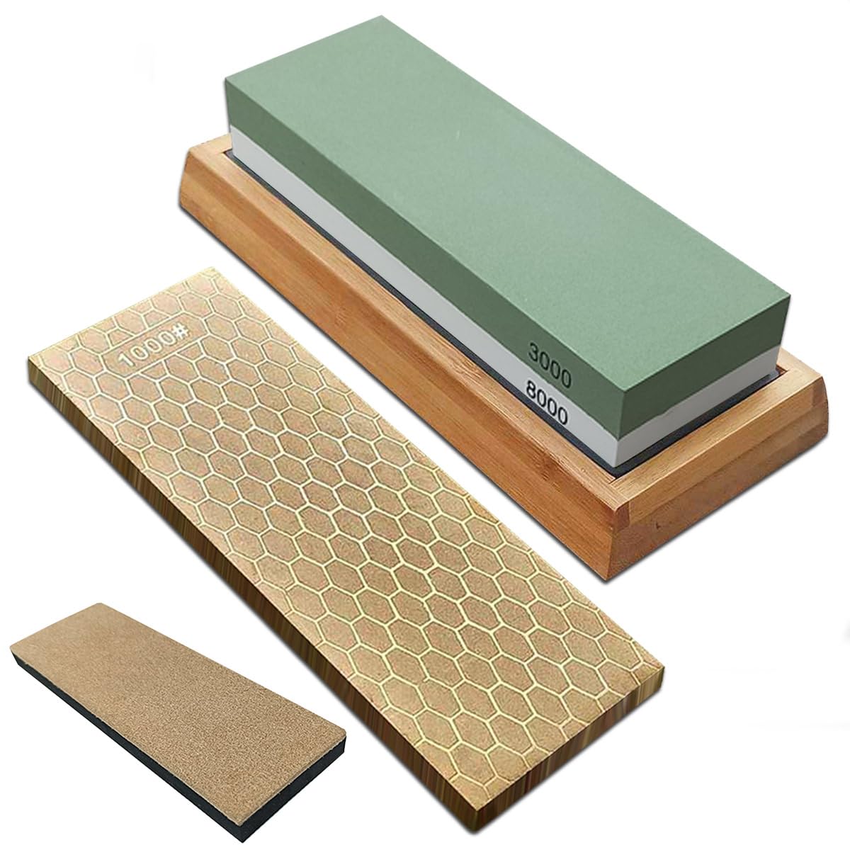 Premium Diamond Sharpening Stone 400/1000 & 3000/8000 Grit - Dual-Sided Whetstone Knife Sharpener with Non-Slip Bamboo Base - Perfect for Kitchen Knives, Hunting Tools & DIY Projects