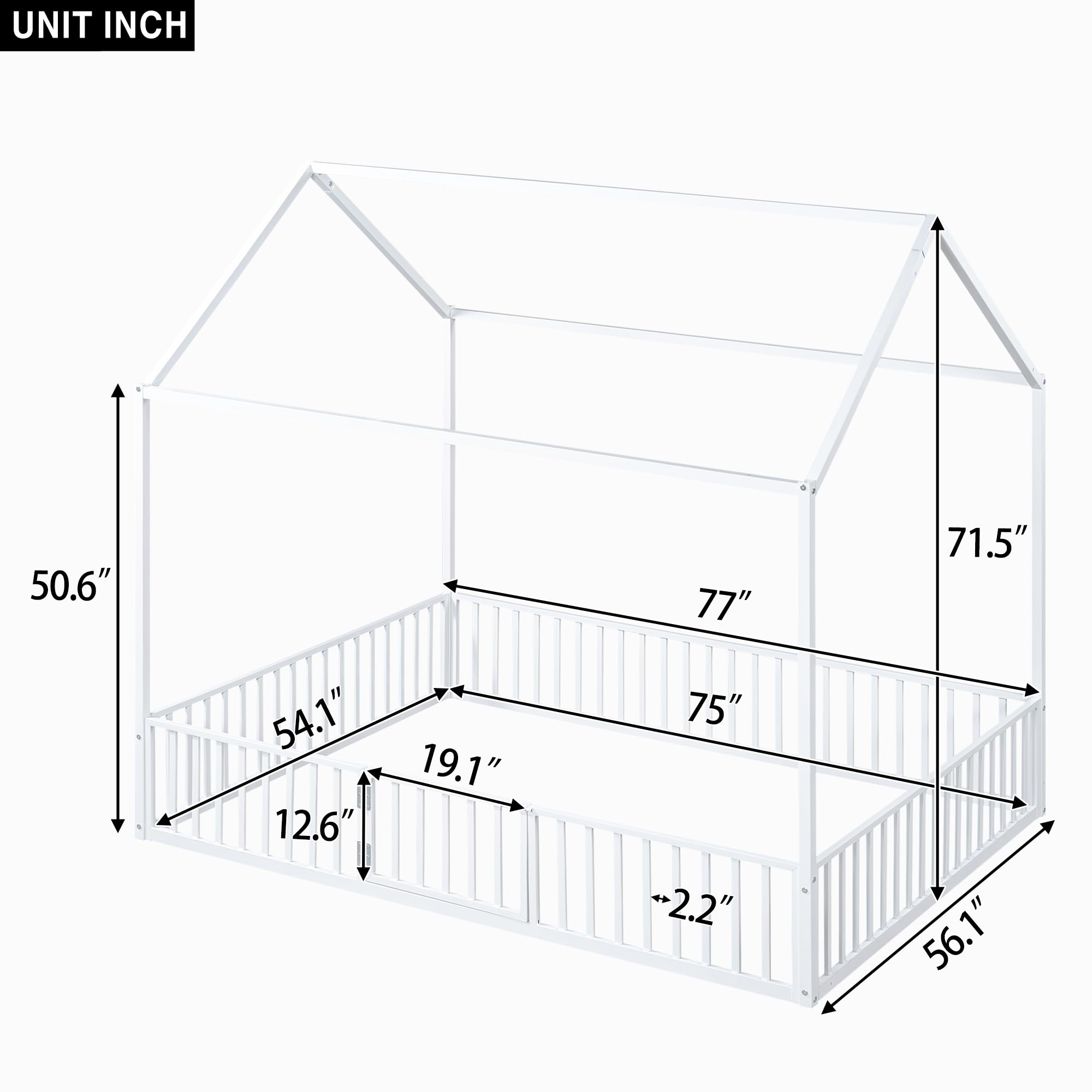 White Full Size Montessori Floor Bed Frame with Door & High Fence - Safe Kids House Bed for Boys & Girls | Perfect for Toddler Rooms, Daycare Centers & Montessori Classrooms