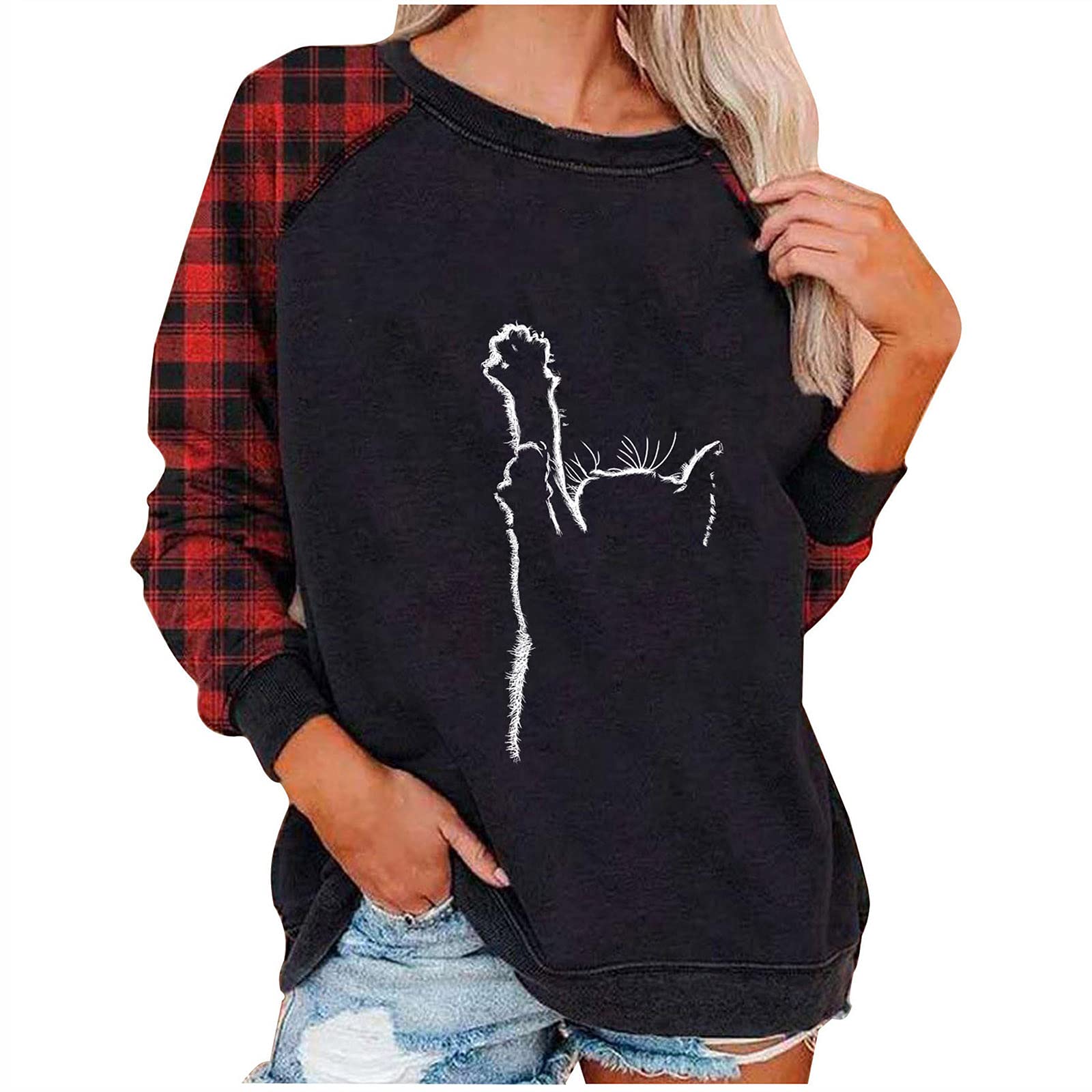 Women's Plaid Patchwork Graphic Sweatshirt - Cozy Long Sleeve Crewneck Pullover for Winter & Fall - Casual Warm Fleece Sweater for Women - Perfect for Holiday Gifts, Christmas Outfits & Casual Daily Wear