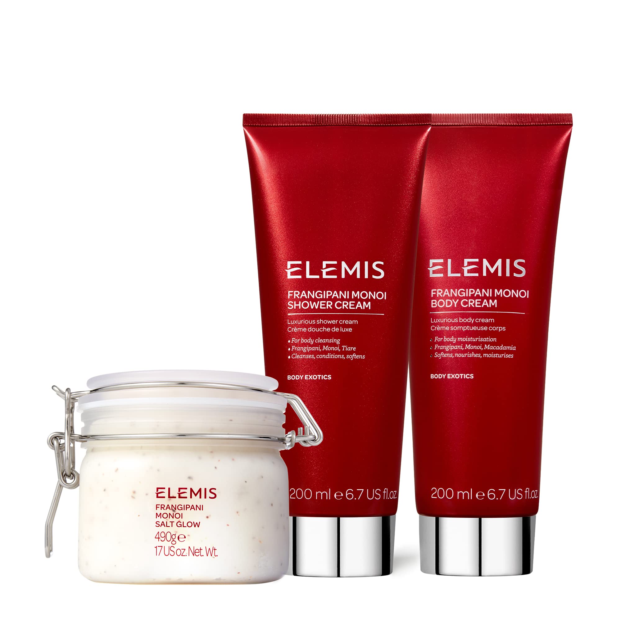 ELEMIS Frangipani Monoi Salt Glow Trio Set - Exfoliating Salt Body Scrub, Hydrating Shower Cream & Nourishing Body Cream (2 x 200ml & 490g) with Essential Oils - Luxurious Spa & Self-Care Gift for Women
