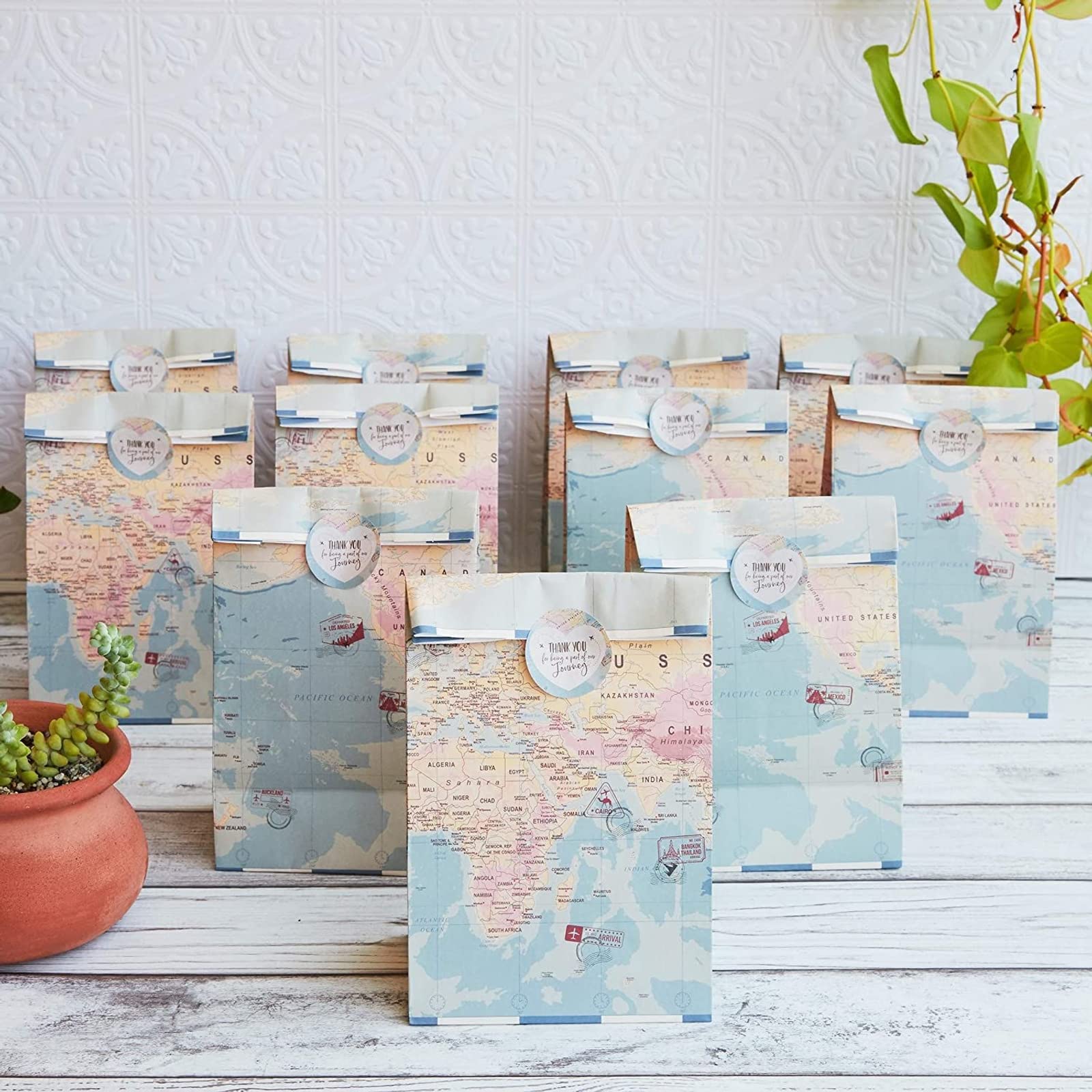 BLUE PANDA 36 Pack Travel Favor Bags with World Map Design & Stickers - Perfect for Travel Themed Parties, Baby Showers, Birthday Goodie Bags (8.7 x 5.15 Inches) - Great for Kids' Party Favors, Vacation Souvenirs & Travel-Inspired Events