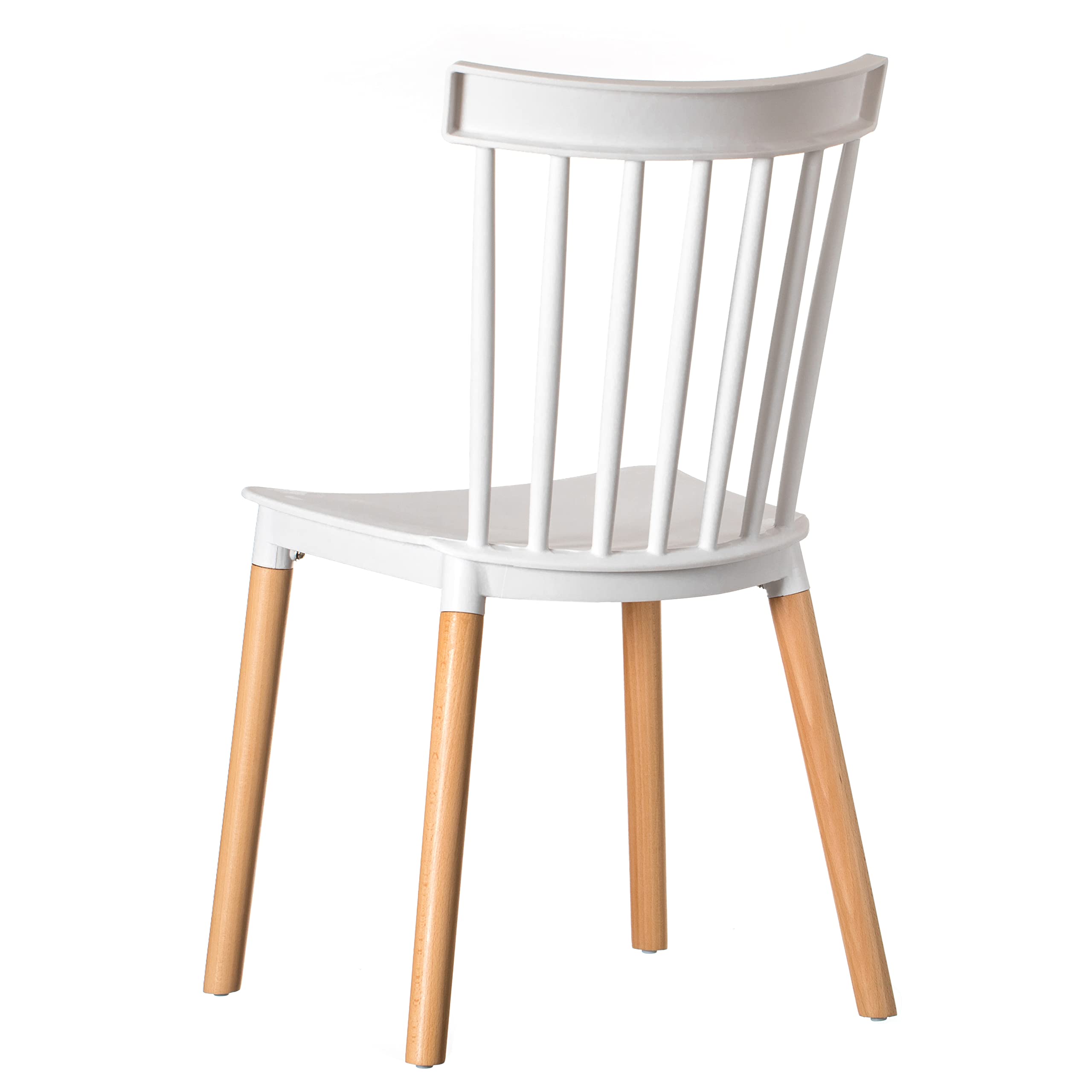 Fabulaxe Modern White Plastic Dining Chairs Set of 2 - Windsor Style with Beech Wood Legs for Kitchen, Dining Room, and Outdoor Patio Use