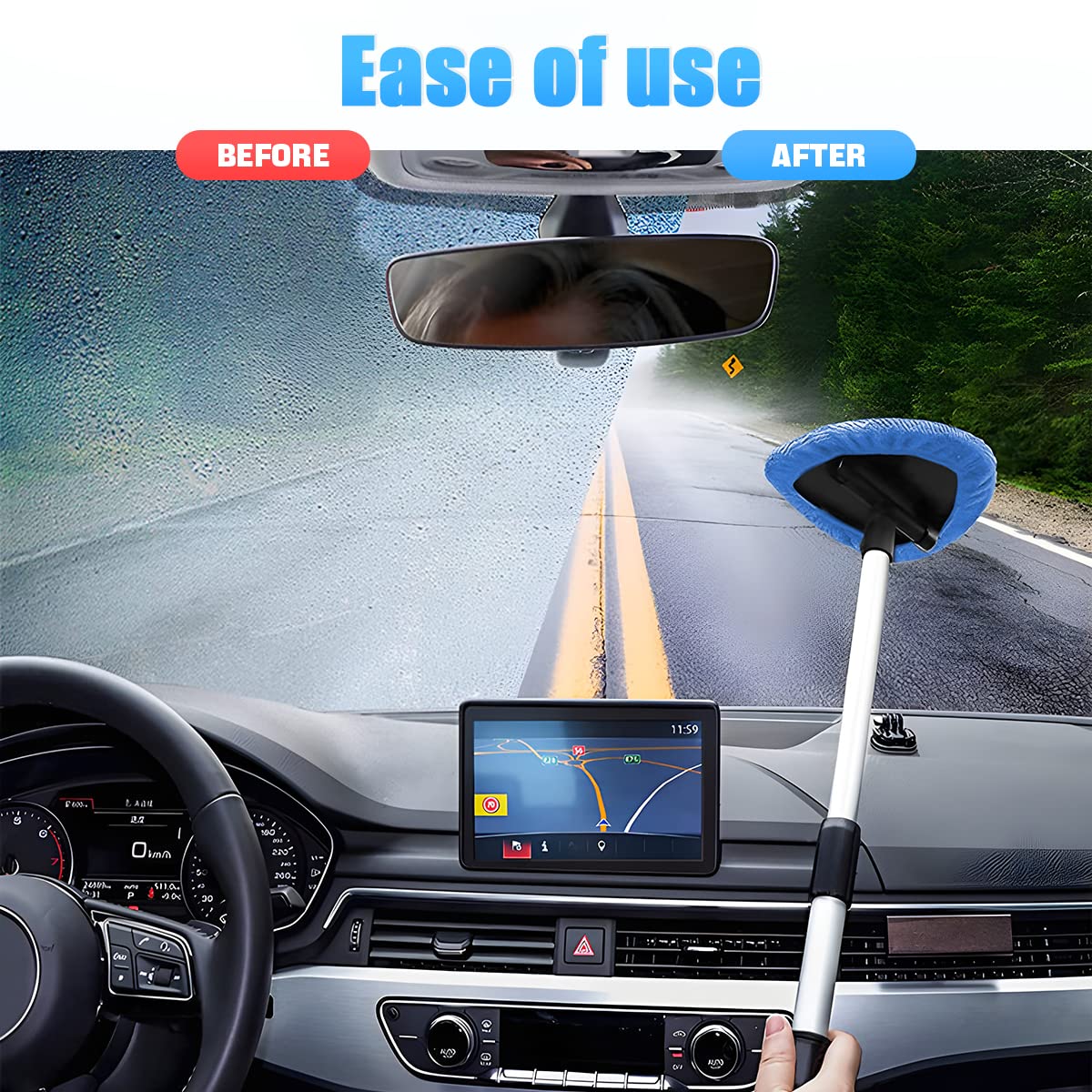 **Extendable Car Windshield Cleaner with 4 Washable Microfiber Pads - Long Handle Auto Glass Wiper for Interior & Exterior - Universal for Cars, Trucks, SUVs, Office & Home Windows (Blue) - Perfect for Streak-Free Cleaning & Quick Maintenance**