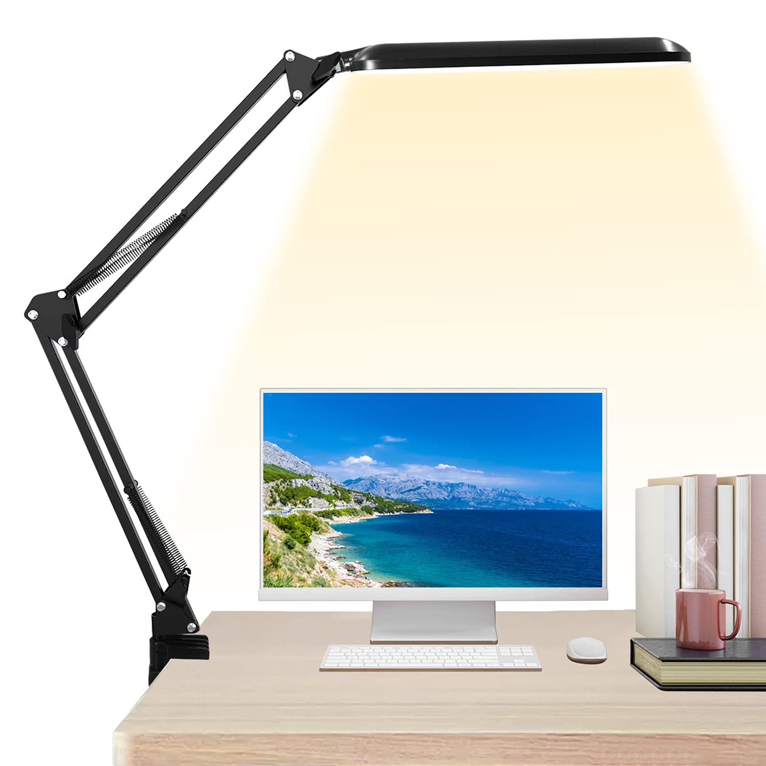 GSBLUNIE LED Desk Lamp with Clamp - Adjustable Swing Arm Architect Light, 3 Color Modes & Stepless Dimming, Eye-Caring Office Desk Lamp for Home, Study, or Workspace - Black