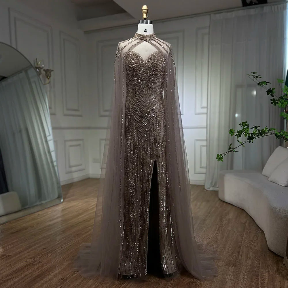 Elegant Beaded Mermaid Evening Gown with Cape Sleeves & High Slit - Serene Hill Caramel Celebrity Party Dress for Women LA72233 | Perfect for Red Carpet Events, Galas & Formal Occasions