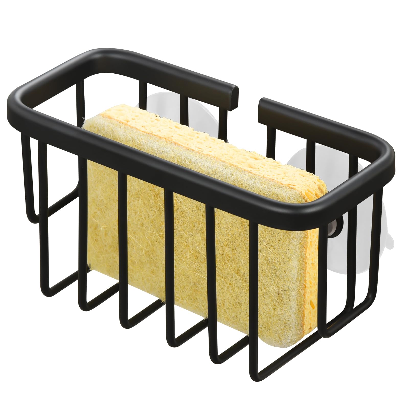 Stainless Steel Sponge Holder for Kitchen Sink - Strong Suction Cup & Adhesive Hooks - Sink Organizer Caddy for Sponges, Brushes, Soap - Perfect for Kitchen, Bathroom, RV (Black) | Durable & Rustproof Design for Daily Dishwashing & Cleaning